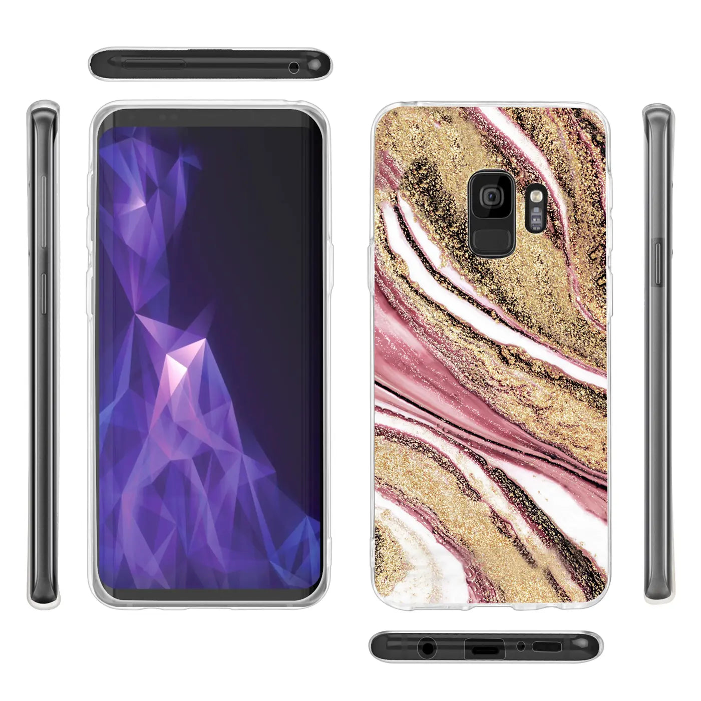 Samsung Galaxy S9 Plus Hülle, Marmor-Muster, Rosa/Gold, verschiedene Ansichten