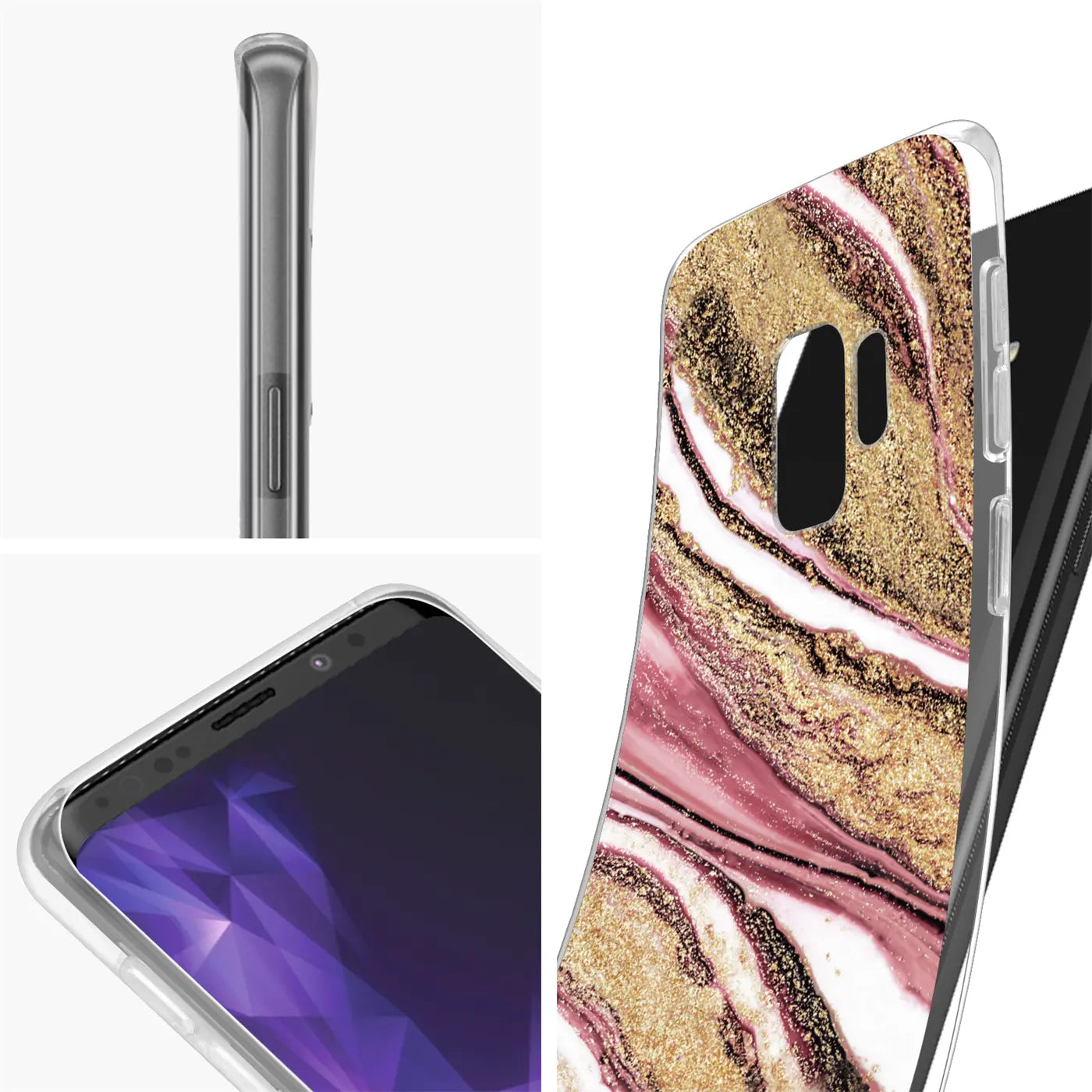 Samsung S9 Plus Hülle, Marmor-Muster, Rosa/Gold, von schräg oben