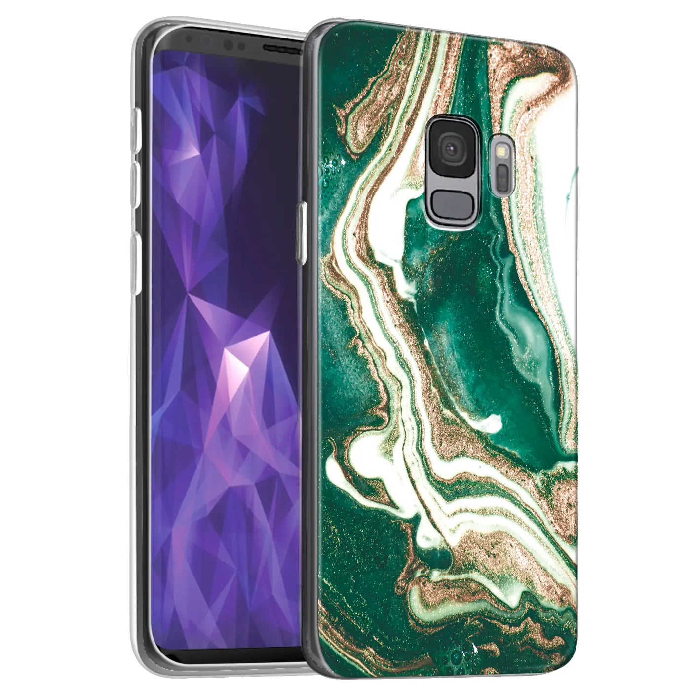 Samsung Galaxy S9 Plus Hülle, Marmor-Design, Grün/Gold, von vorne links