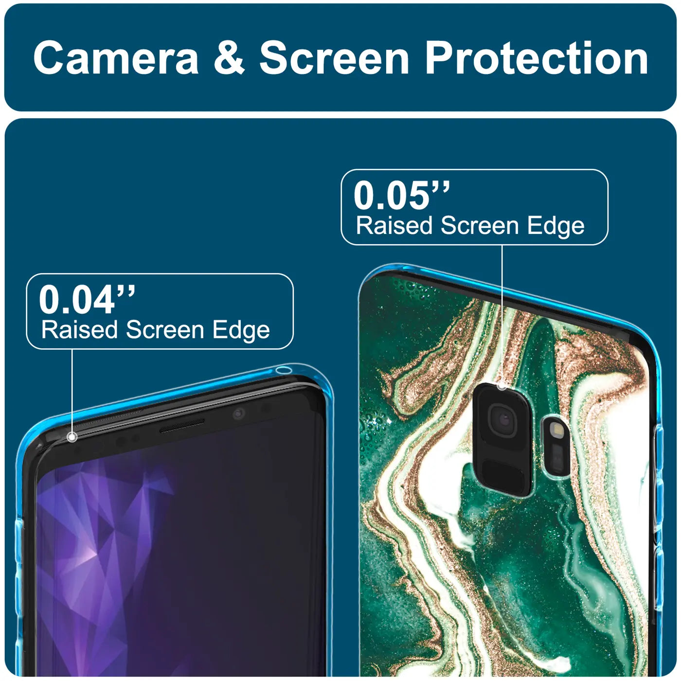 Samsung S9 Plus Hülle, Marmor-Design, Nahaufnahme, Rückseite und Vorderseite.