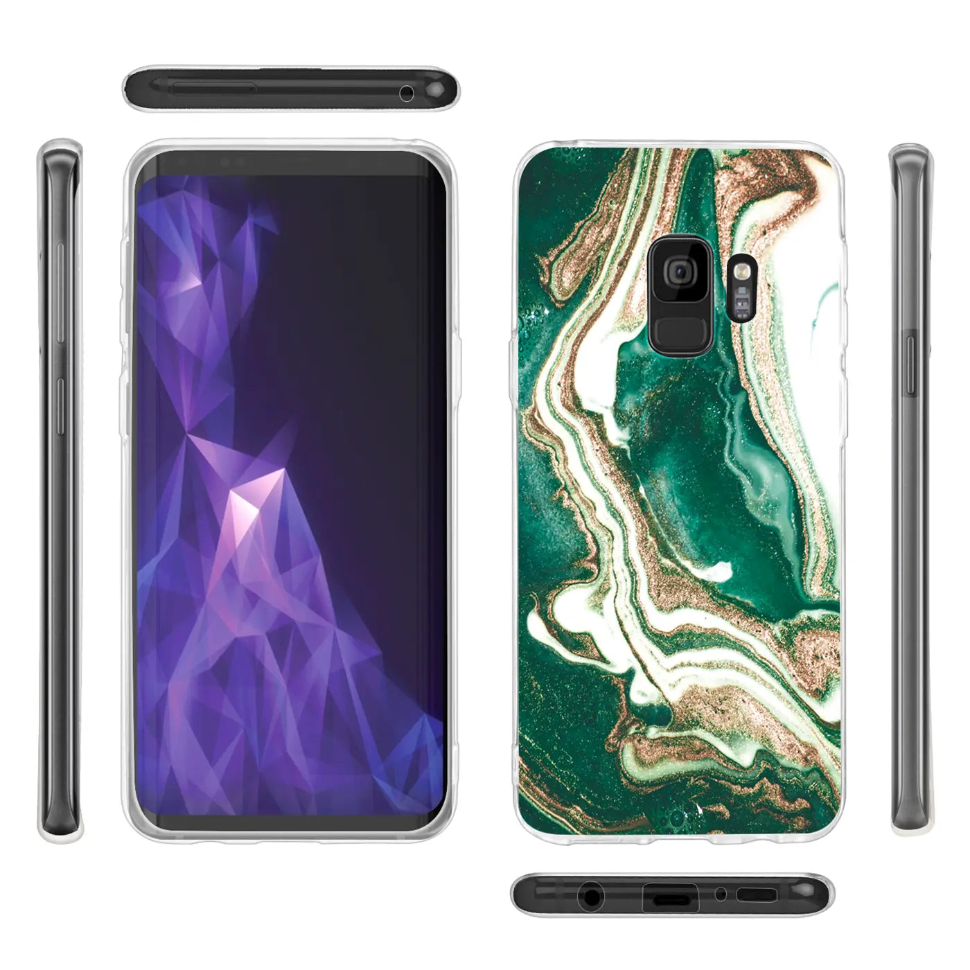 Samsung Galaxy S9 Plus Hülle, Marmor & Sand Design, Grün/Gold, Kunststoff, Front- und Rückansicht
