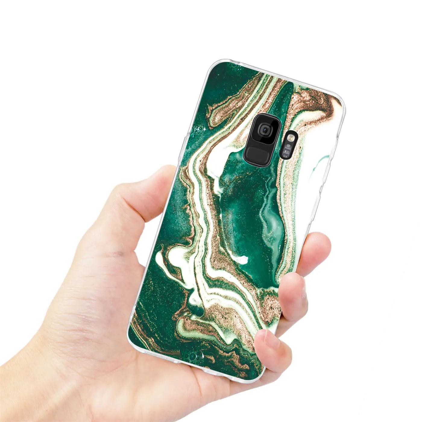 Samsung S9 Plus Hülle, Marmor-Design, grün/gold, von vorne, von oben gehalten