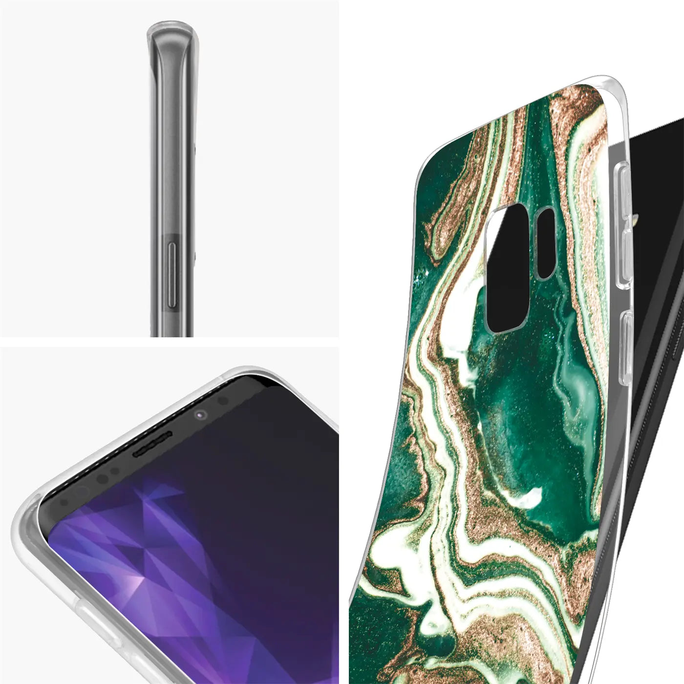 Samsung S9 Plus Hülle mit Marmor-Muster in Grün/Gold, von schräg oben, transparentes Material