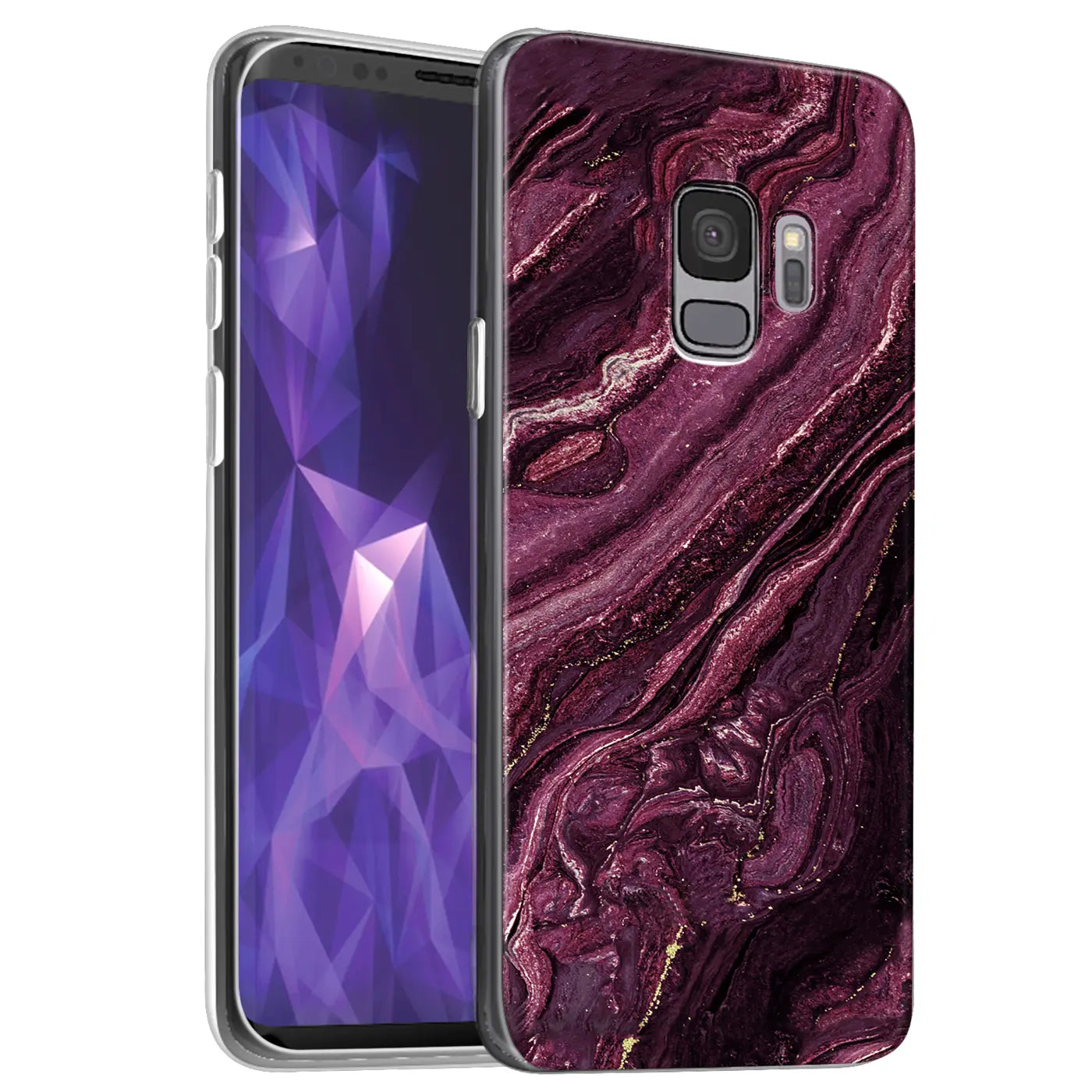 Samsung Galaxy S9 Plus Hülle mit Marmor-Muster, lila/gold, von vorne links