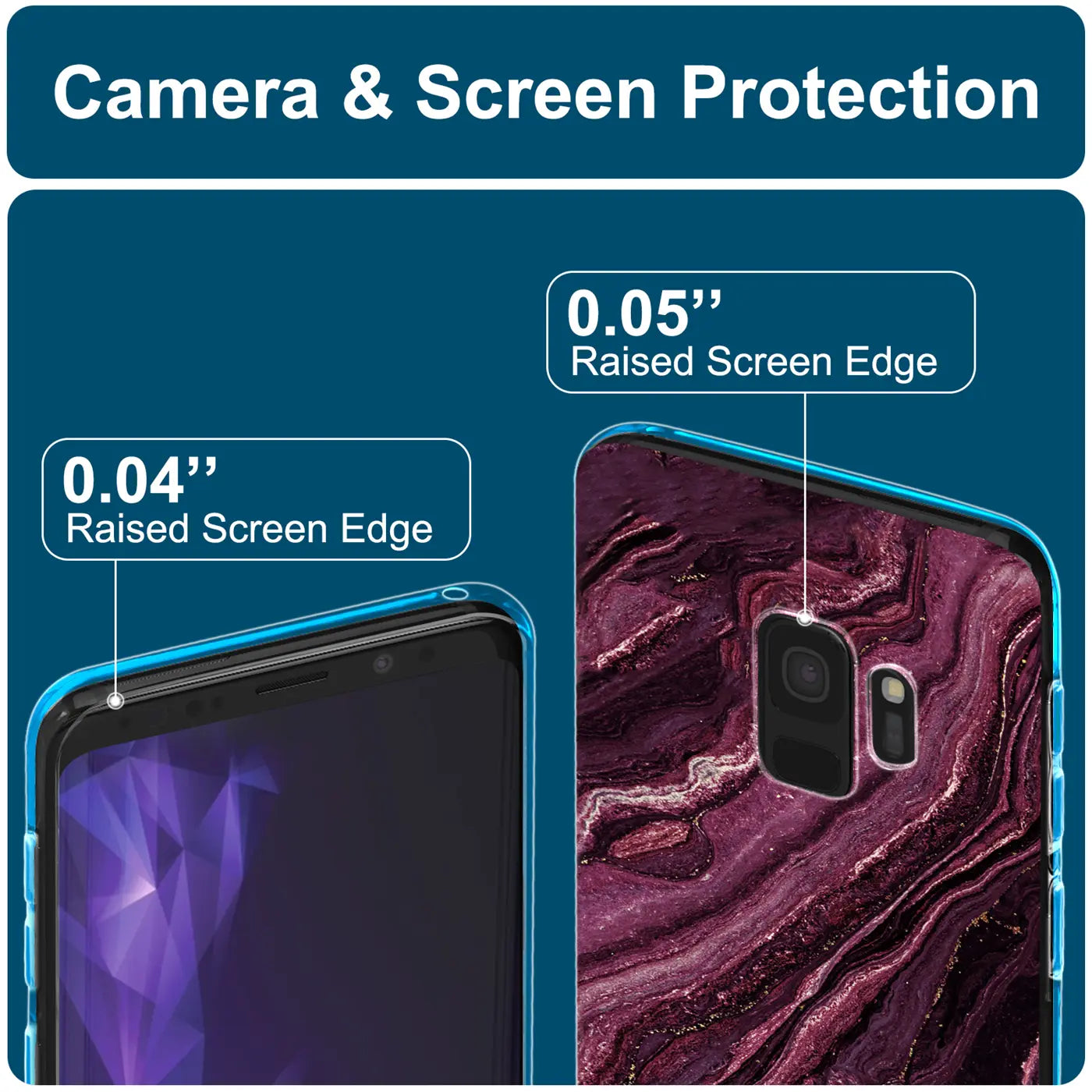 Samsung Galaxy S9 Plus Hülle, Marmor-Design, lila, von vorne und hinten gezeigt.
