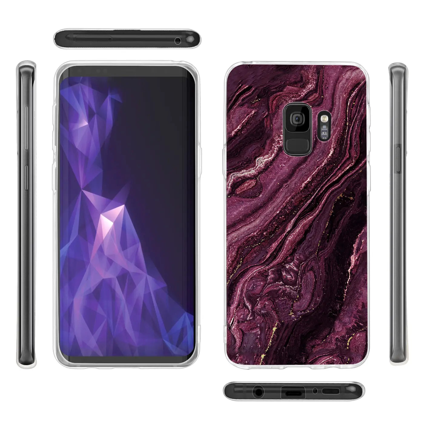 Samsung S9 Plus Hülle, Marmor-Design, lila, transparent, Vorder- und Rückansicht