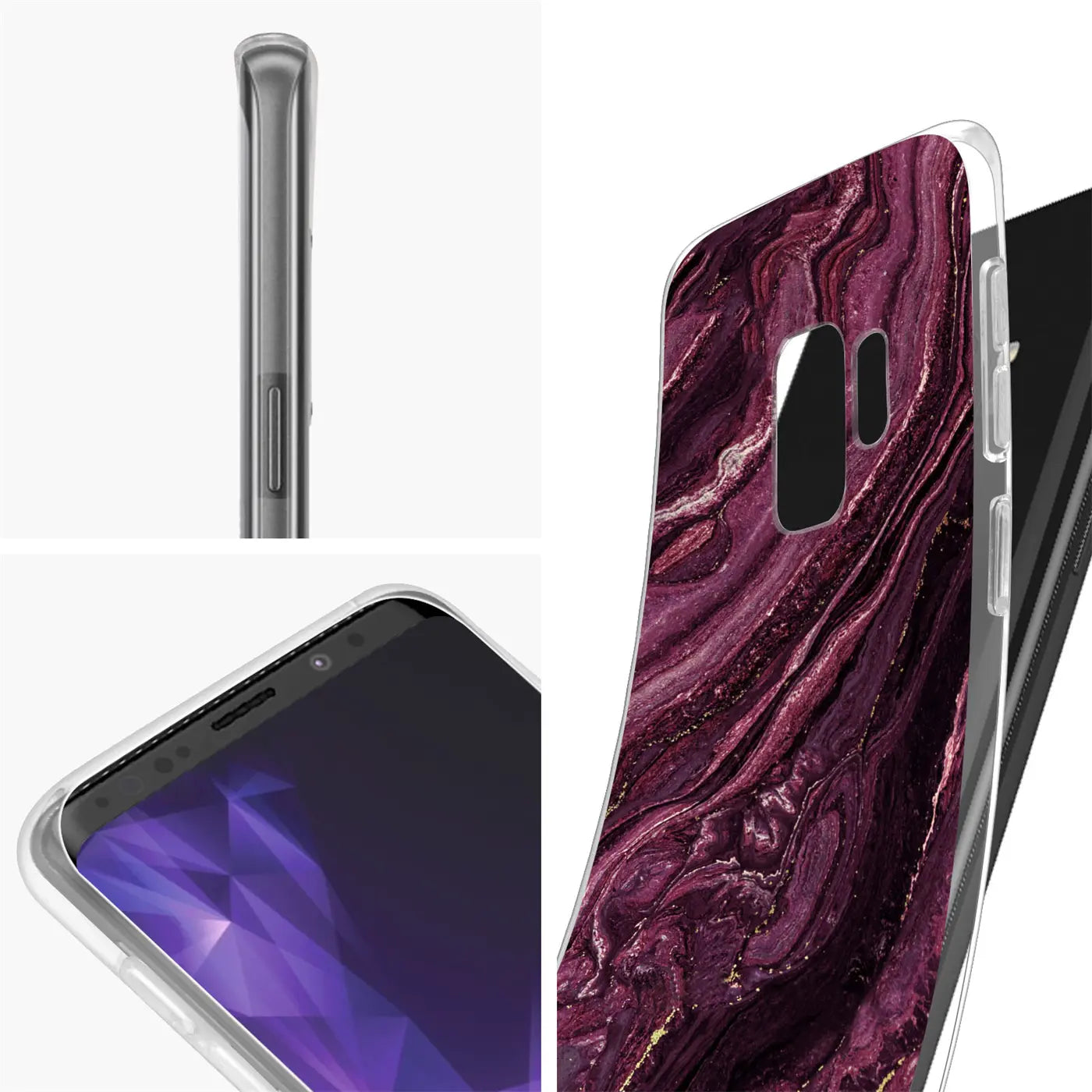 Samsung Galaxy S9 Plus Hülle, Marmor-Design, lila, transparent, von der Seite