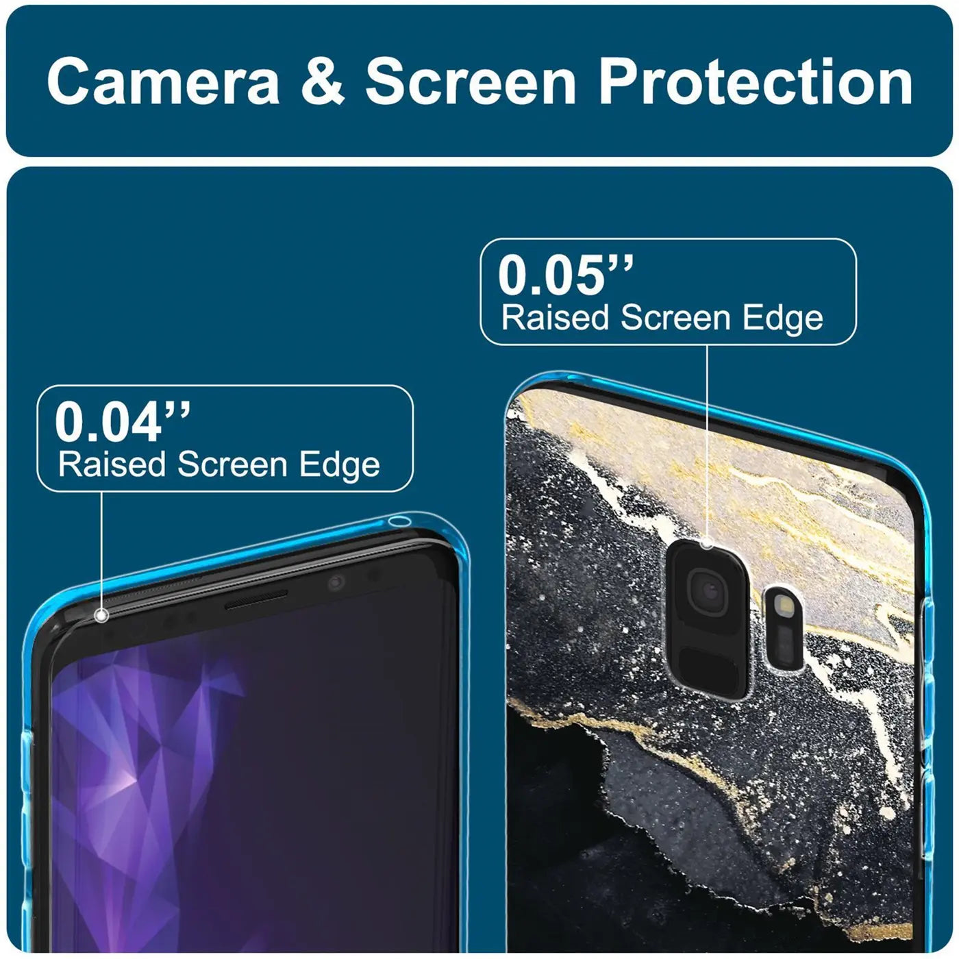 Samsung S9 Plus Hülle, Marmor-Design, von vorne und hinten gezeigt, mit Schutzrändern.