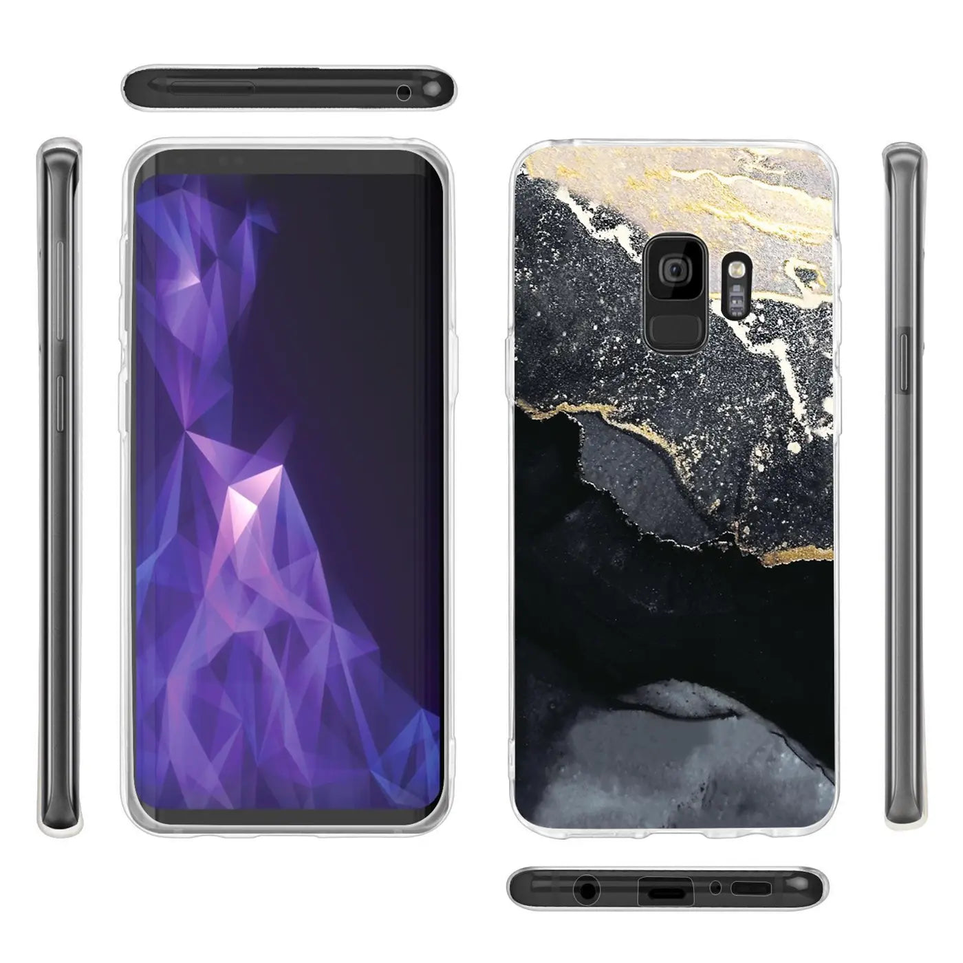 Samsung Galaxy S9 Plus Hülle, Marmor-Design, Schwarz/Gold, klare Rückseite, verschiedene Ansichten