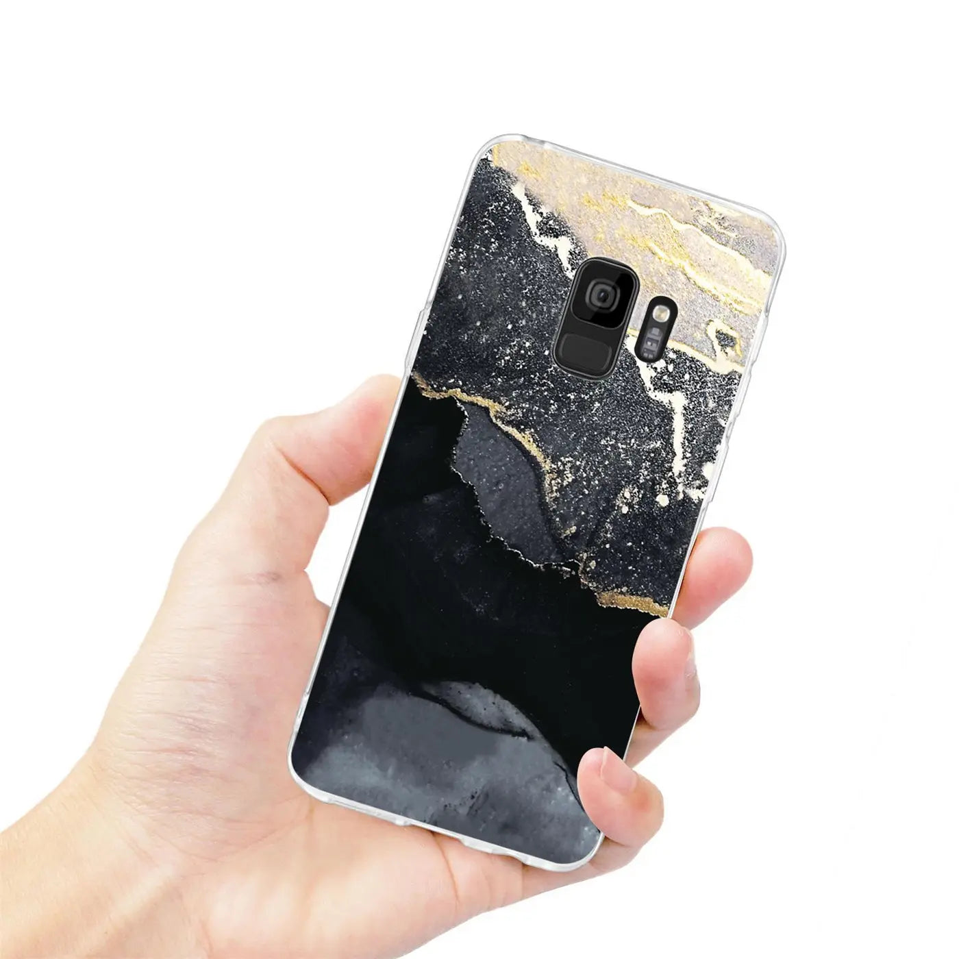 Samsung S9 Plus Hülle, Marmor-Design, schwarz/gold, von vorne gehalten