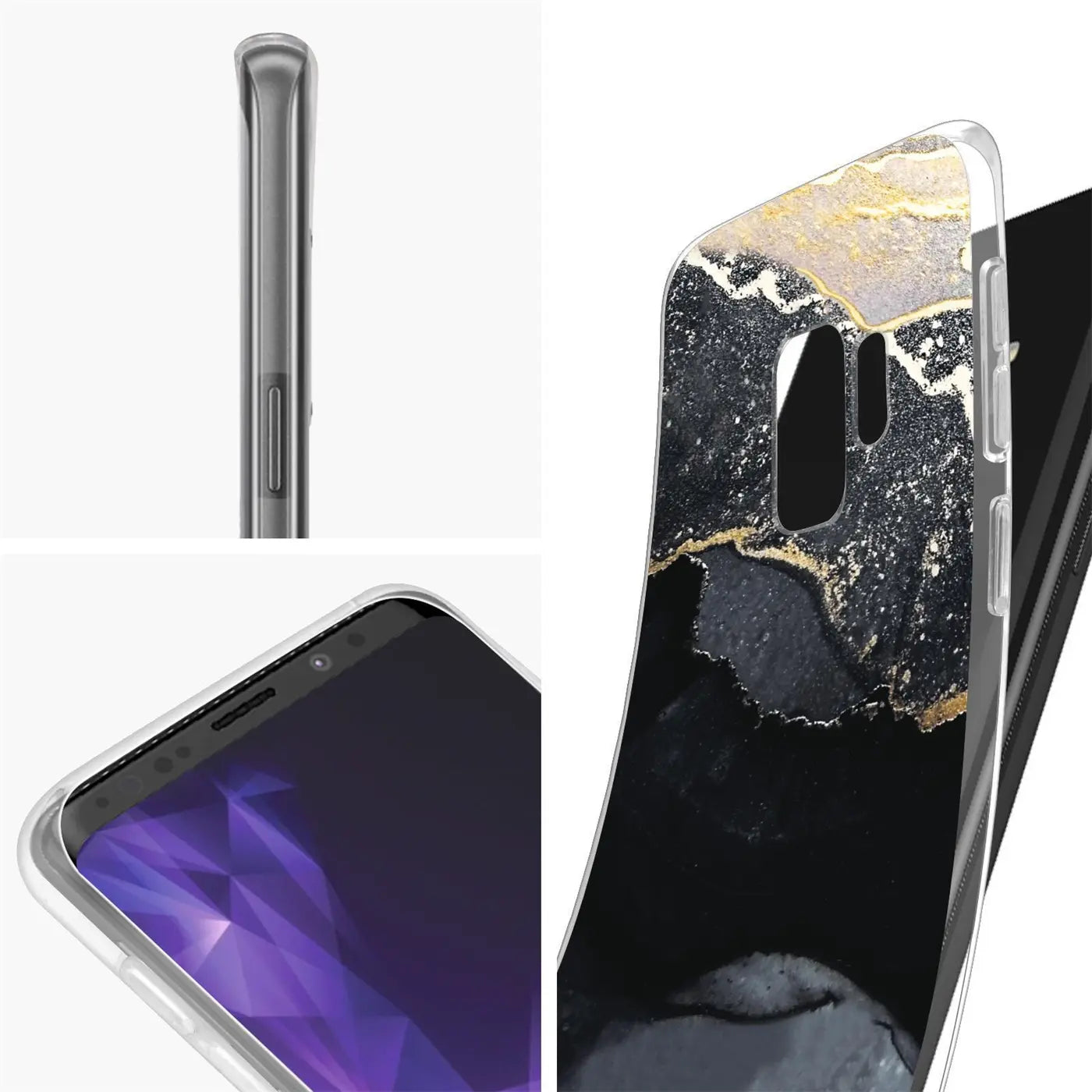 Samsung S9 Plus Hülle, Marmor-Muster, schwarz/gold, von vorn und Seite