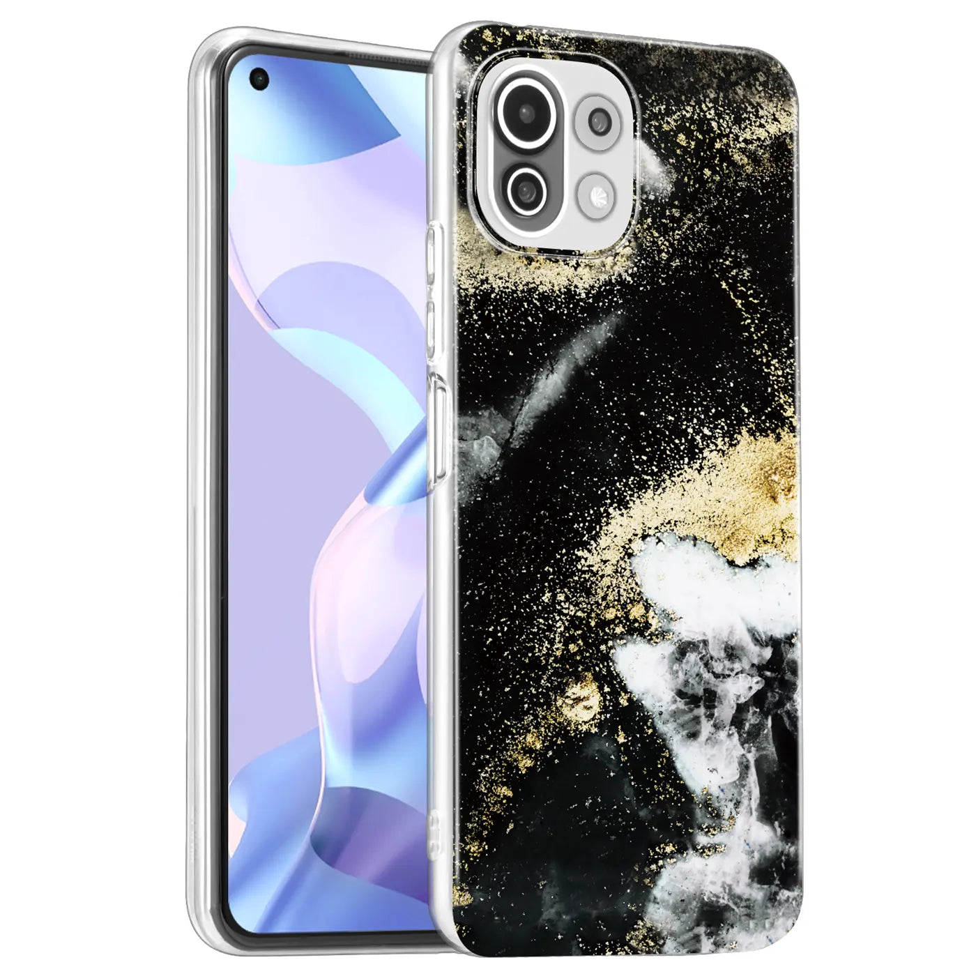 Xiaomi Mi 11 Lite Hülle: Schwarz/Gold Marmor-Design, TPU, Seitenansicht.