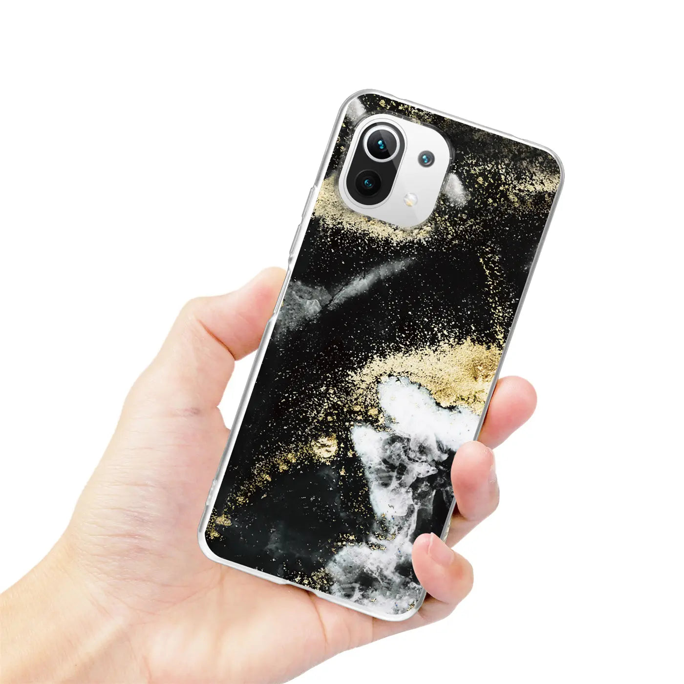 Hand hält Xiaomi Mi 11 Lite 5G Hülle, Marmor-Sand-Design, schwarz/gold
