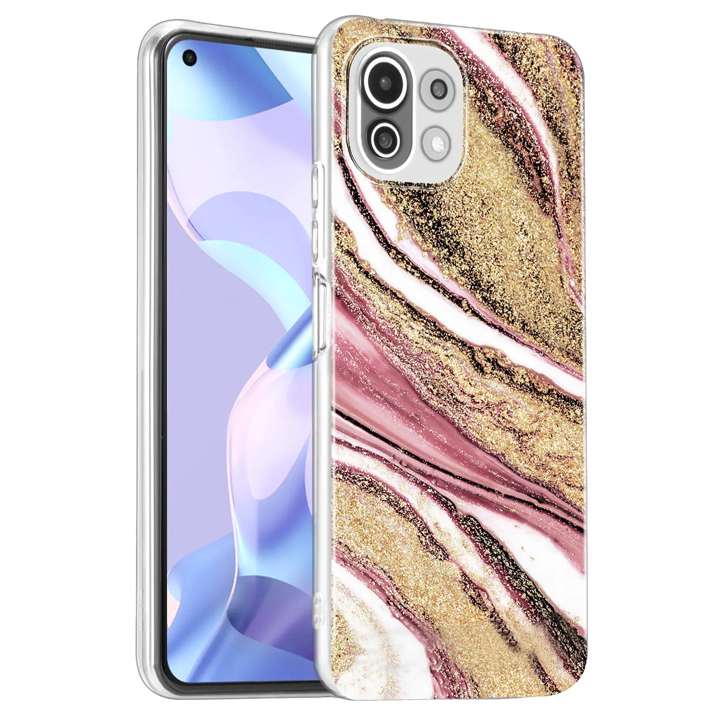 Xiaomi Mi 11 Lite 4G/5G Hülle, Marmor-Sand-Design, rosa/gold, Vorderansicht.