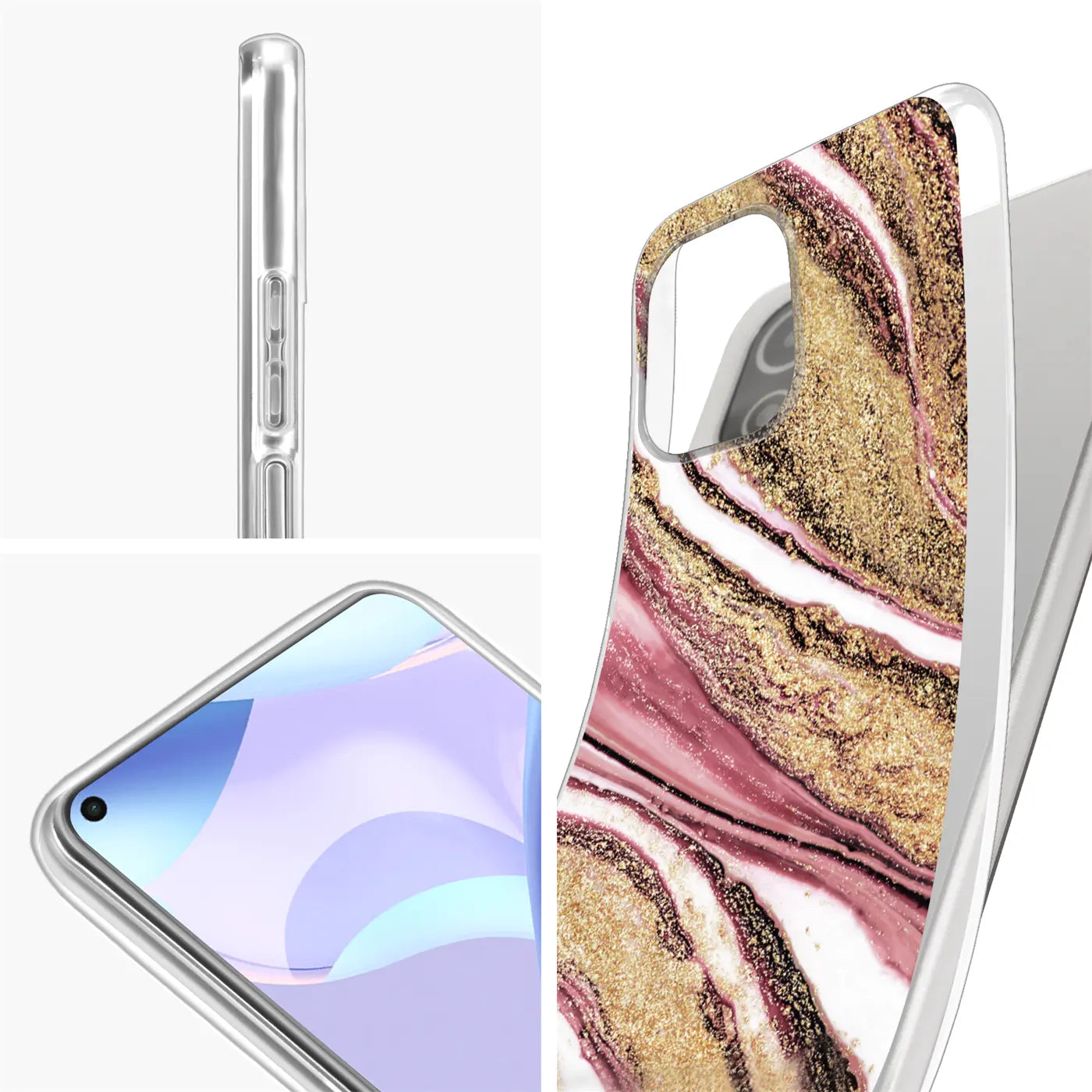 Xiaomi Mi 11 Lite Hülle, Marmor-Design, rosa/gold, von der Seite und von vorne