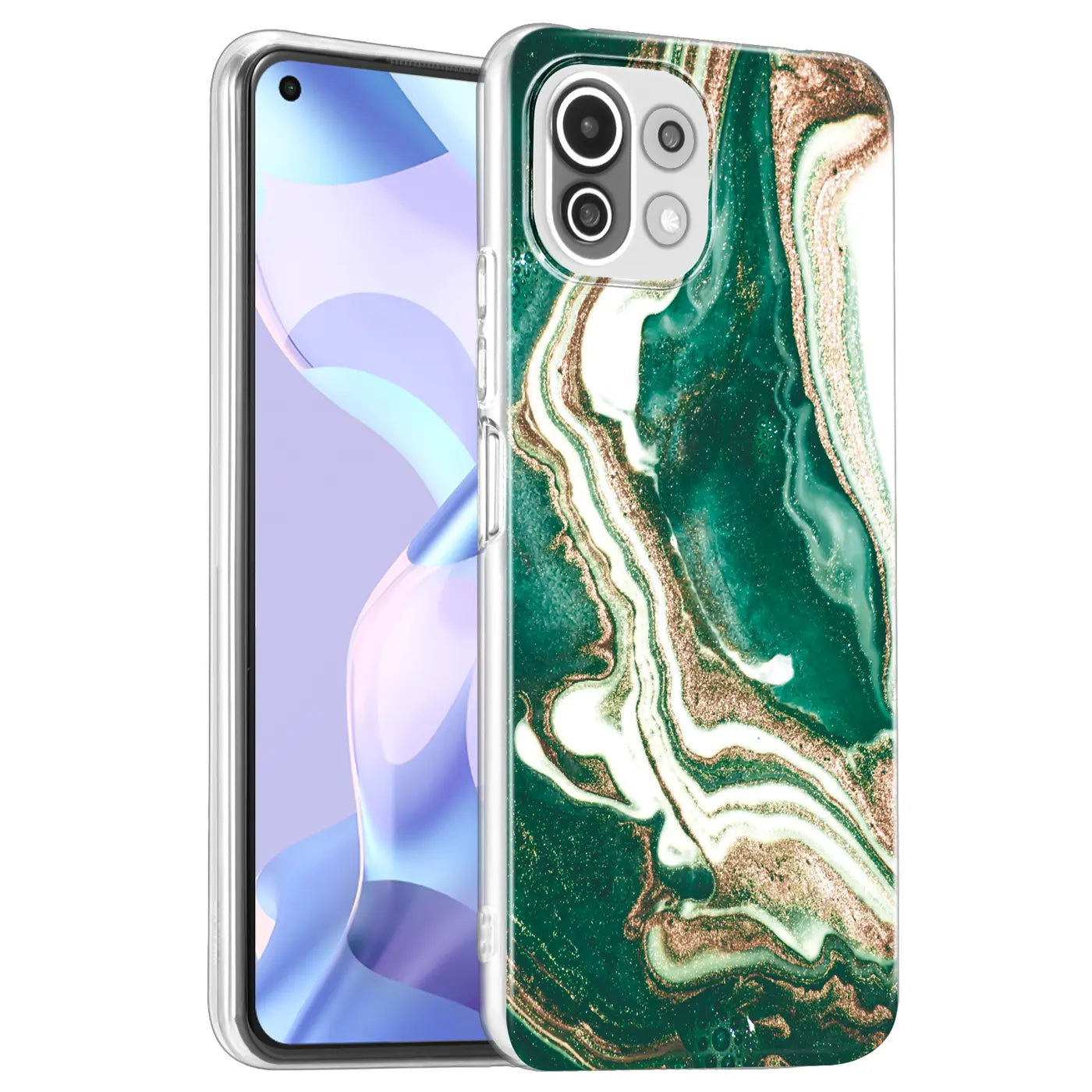 Grüne Marmor-Hülle mit Goldakzenten auf Xiaomi Mi 11 Lite, von vorne links