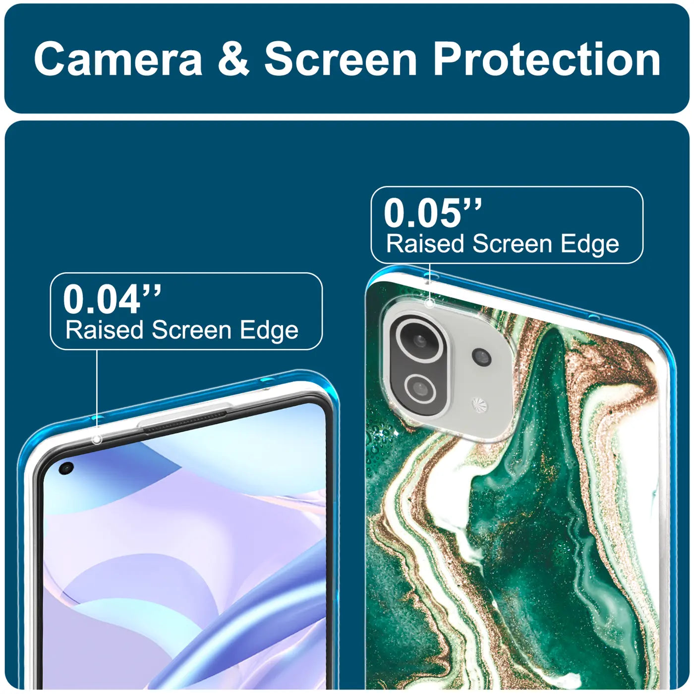 Xiaomi Mi 11 Lite Hülle, Marmor-Design, grün/gold, Nahaufnahme, Rückseite und Bildschirmrand.