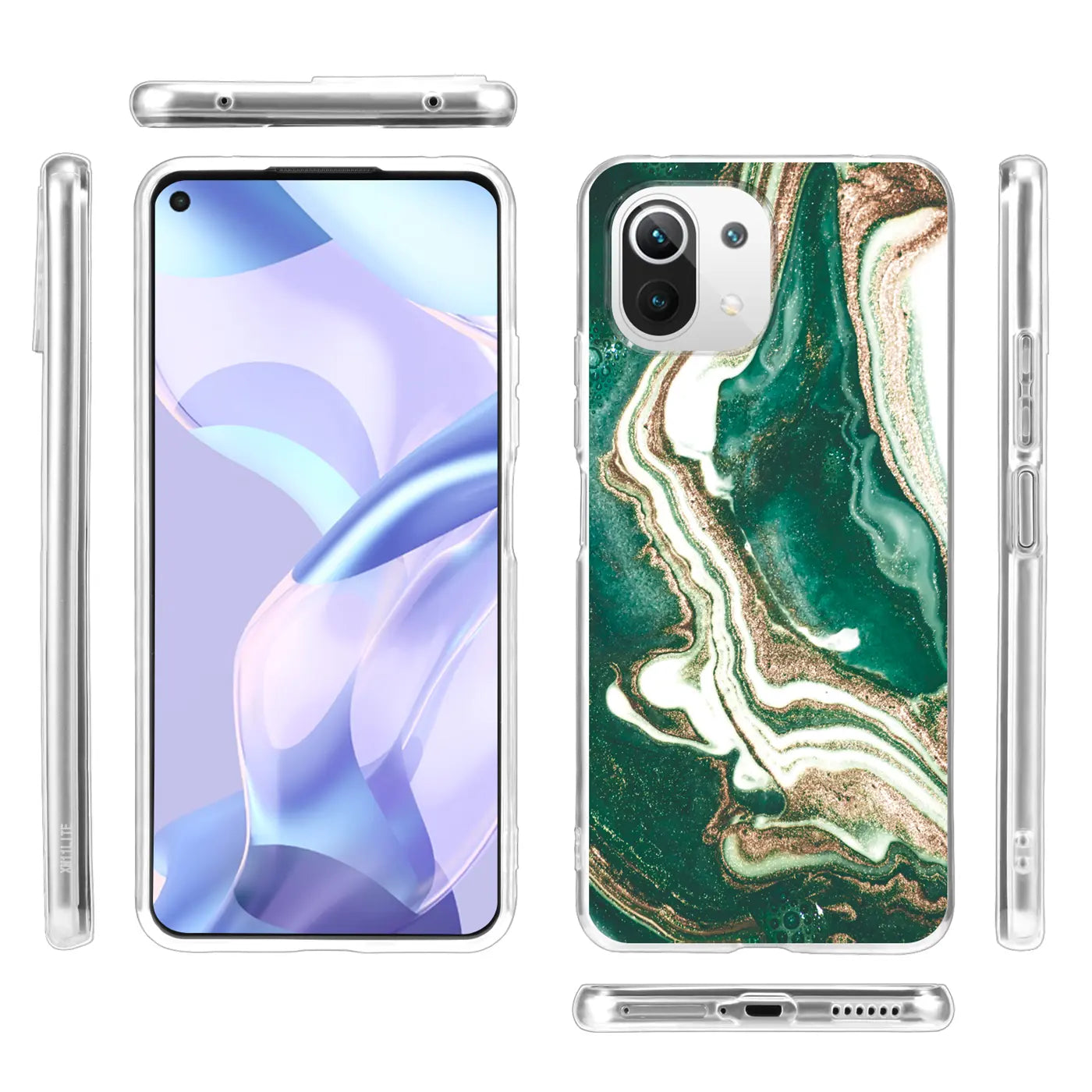Xiaomi Mi 11 Lite 5G Hülle, Marmor-Design, Grün/Gold, Vorder- und Rückansicht