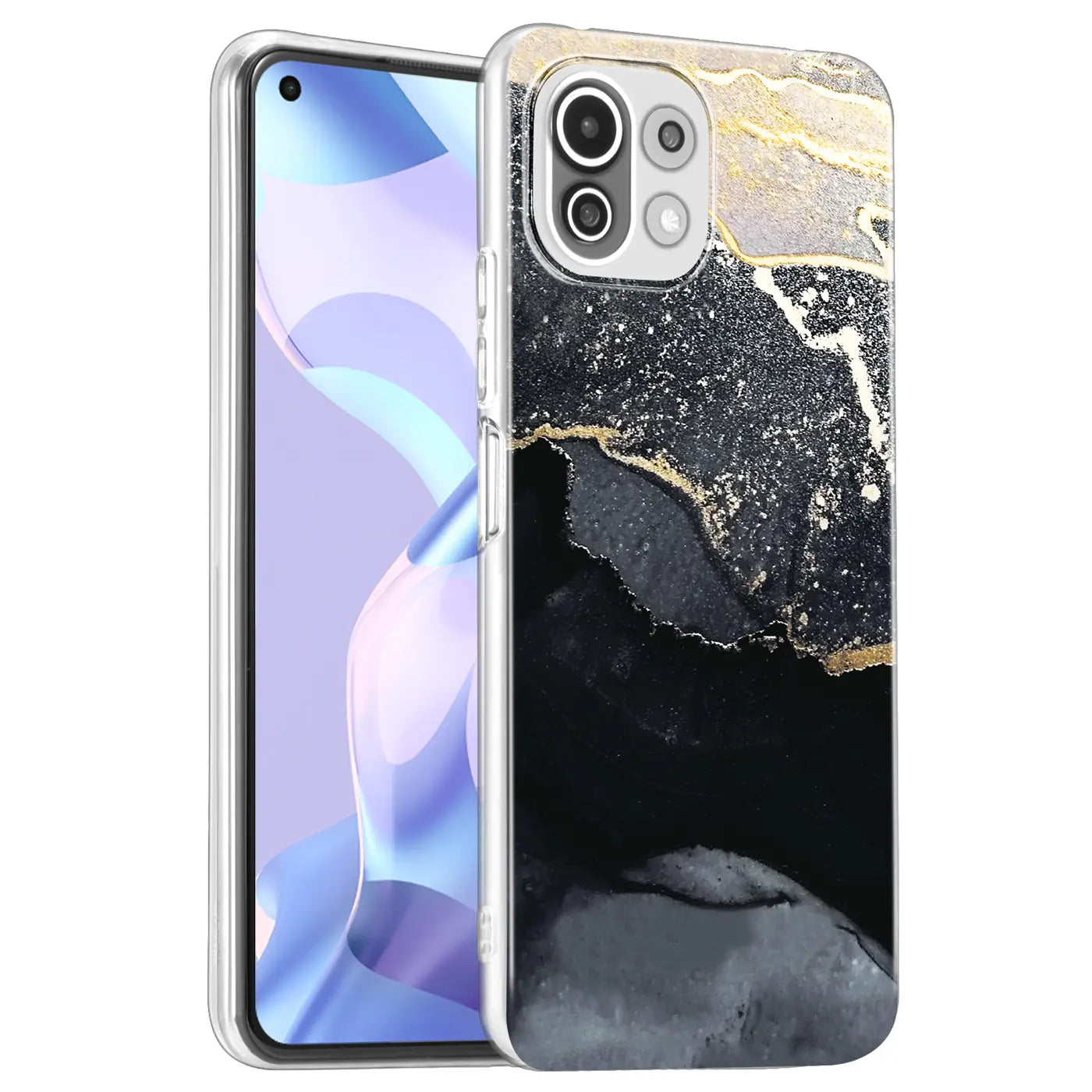 Xiaomi Mi 11 Lite 4G/5G Hülle, Marmor-Design, Schwarz/Gold, von vorne schräg