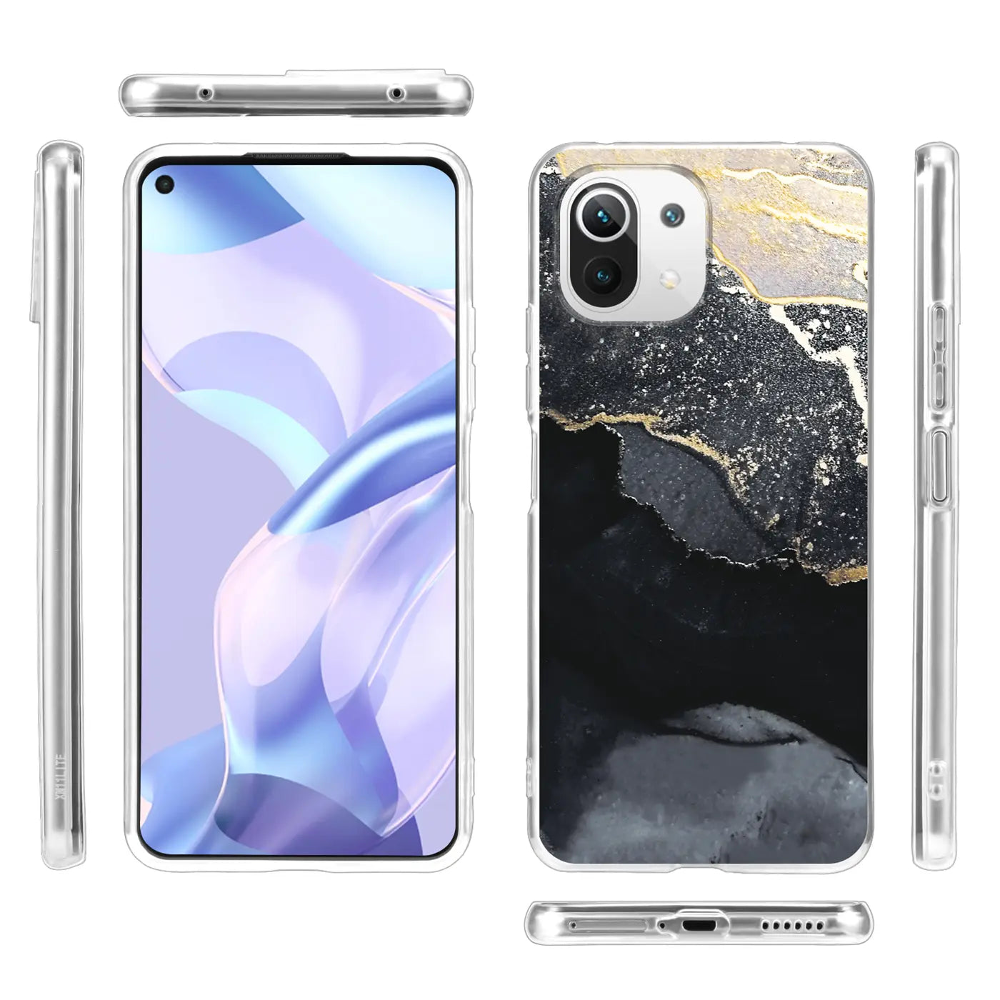 Xiaomi Mi 11 Lite 4G/5G Hülle, Marmor/Sand-Design, Schwarz/Gold, Vorder-/Seitenansicht