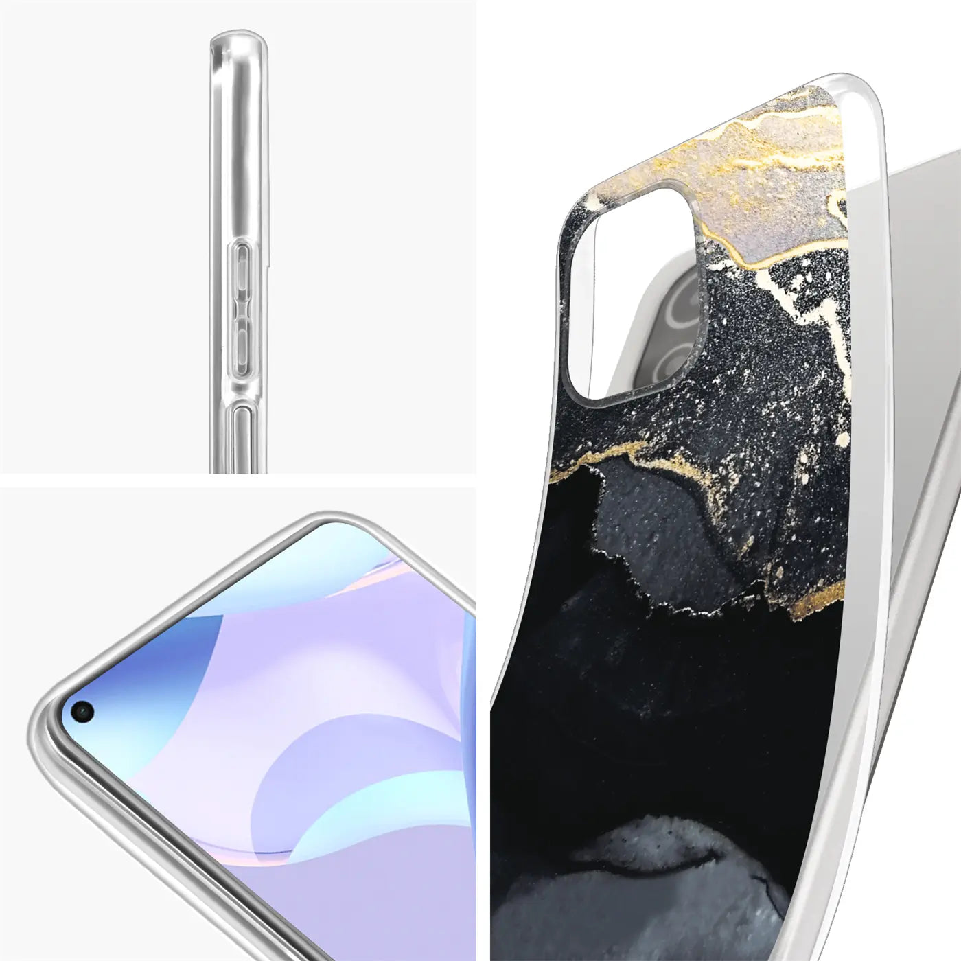 Klarer Handyhülle mit Marmor-Muster, Schwarz/Gold, von vorne und Seite, für Xiaomi Mi 11 Lite.