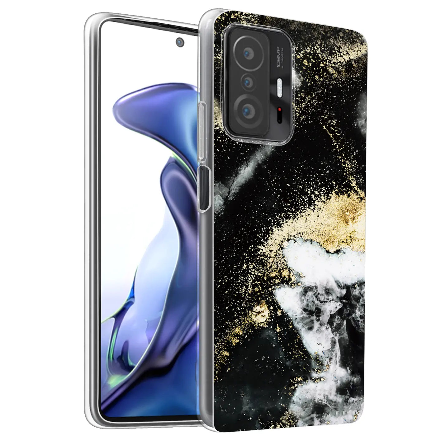 Xiaomi Mi 11T Pro mit Marmor-Hülle, schwarz/gold, von vorne links, klare Hülle