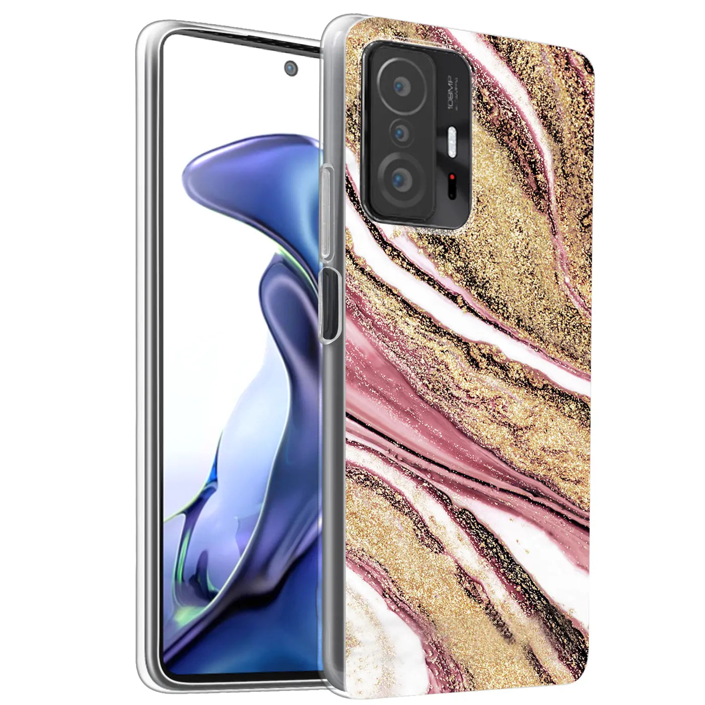 Xiaomi Mi 11T Pro mit Marmor-Hülle, Rosa/Gold, von vorne leicht schräg