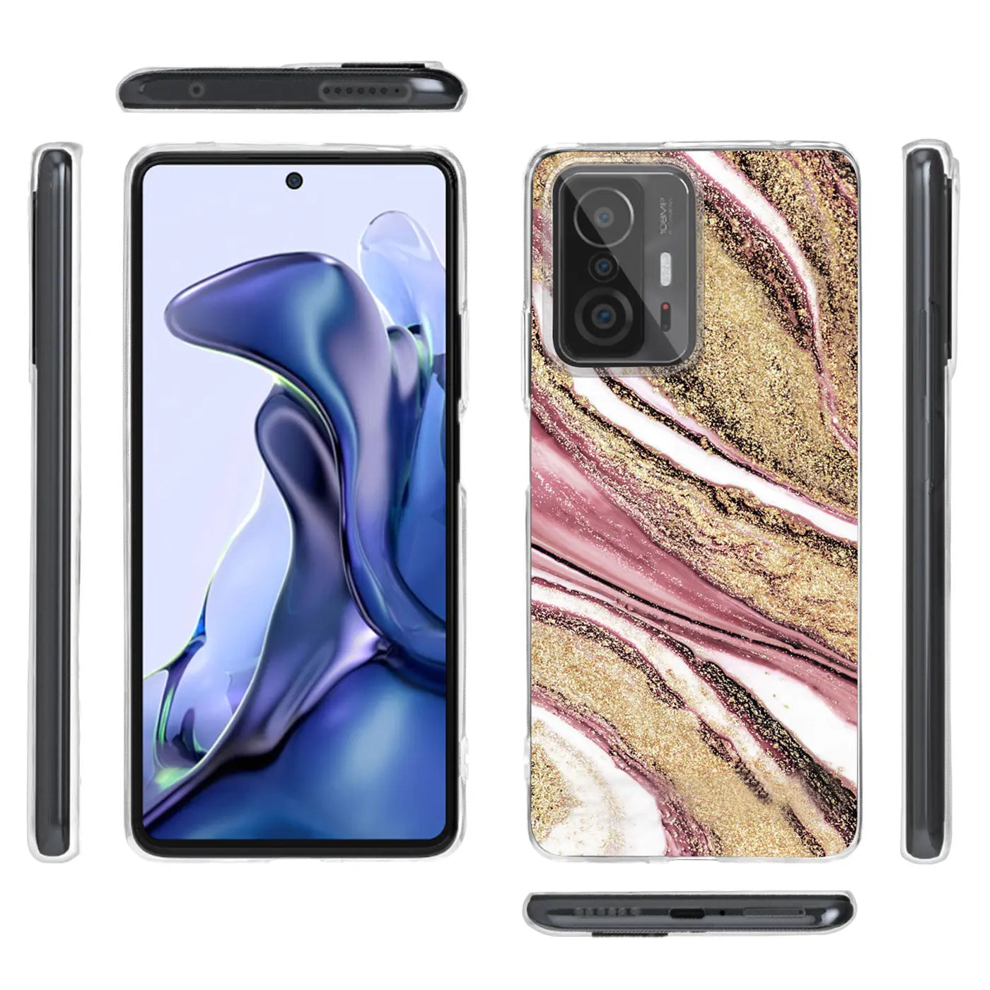 Xiaomi Mi 11T Pro Hülle, Marmor-Muster, Rosa/Gold, Vorder- und Rückansicht