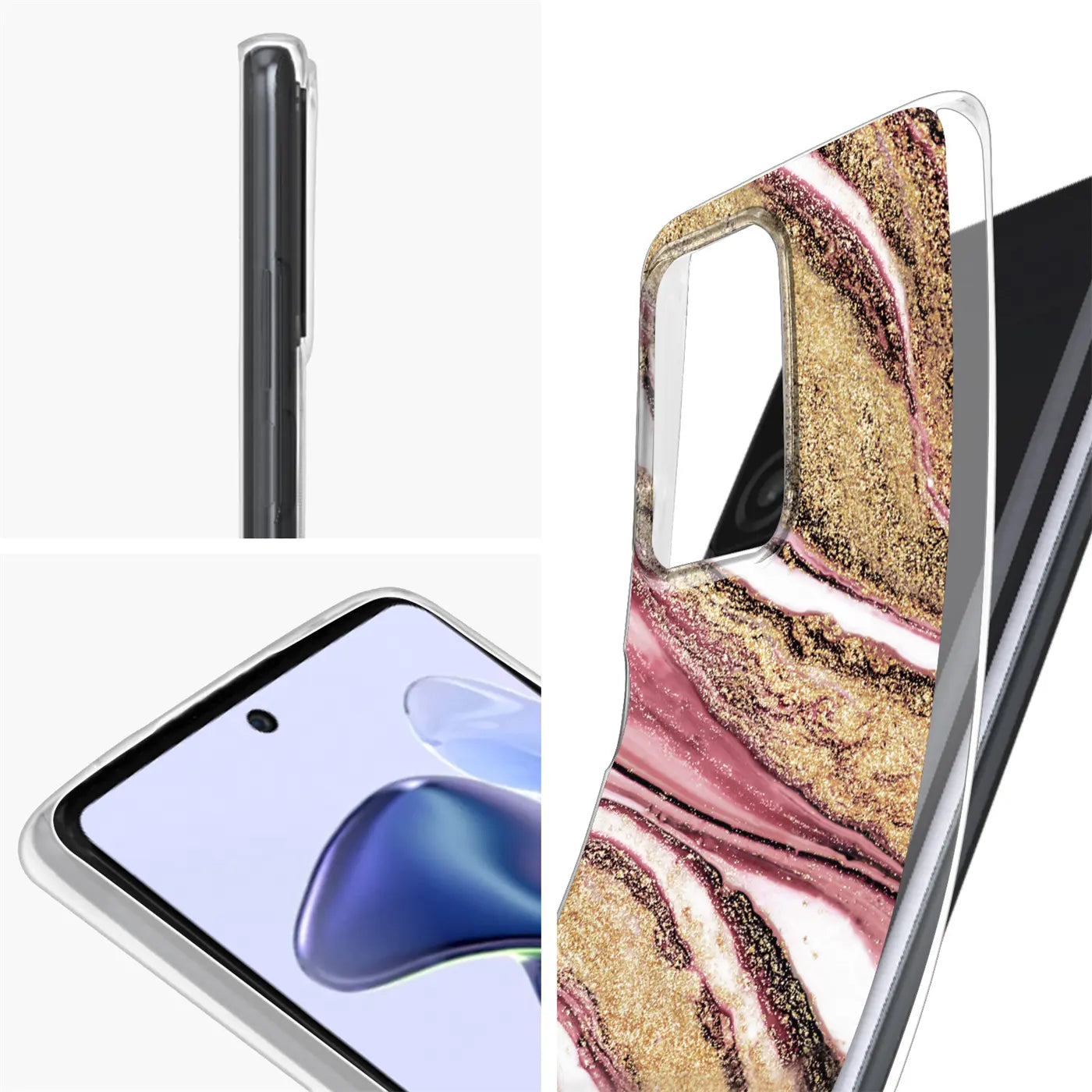 Marmor-Sand-Hülle in Rosa/Gold für Xiaomi Mi 11T Pro, Seitenansicht und Vorderseite