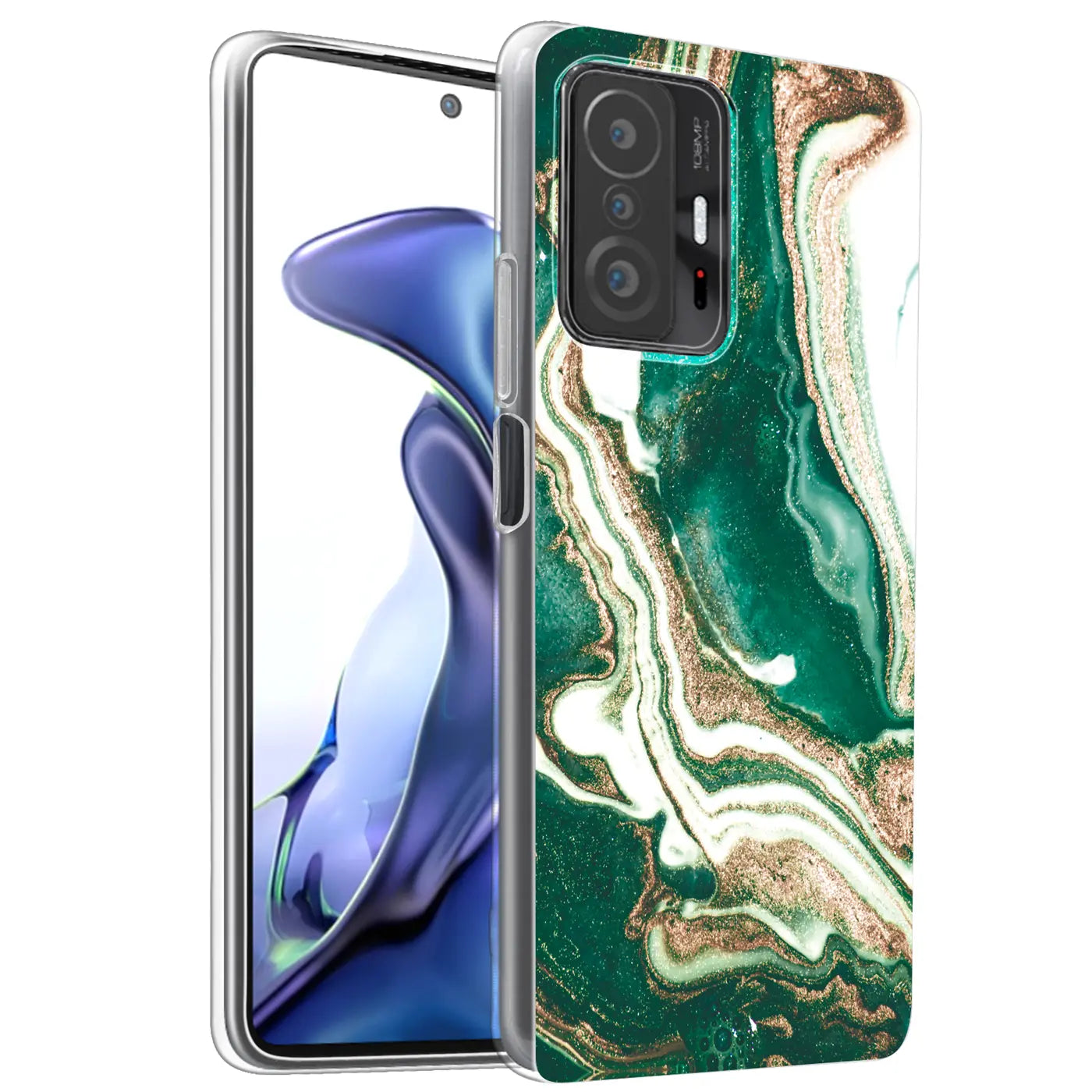 Xiaomi Mi 11T/Pro Hülle, Marmor-Design, grün/gold/weiß, von vorne schräg