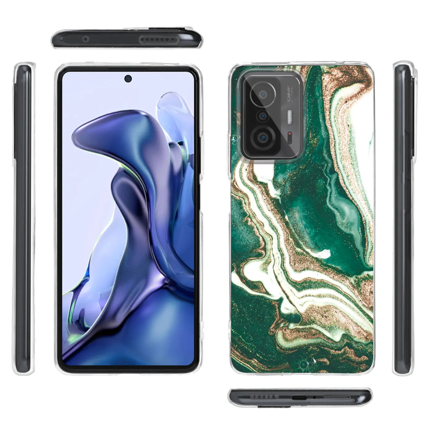 Xiaomi Mi 11T Pro Hülle, Marmor grün/gold, von vorne, Seite, Rückseite