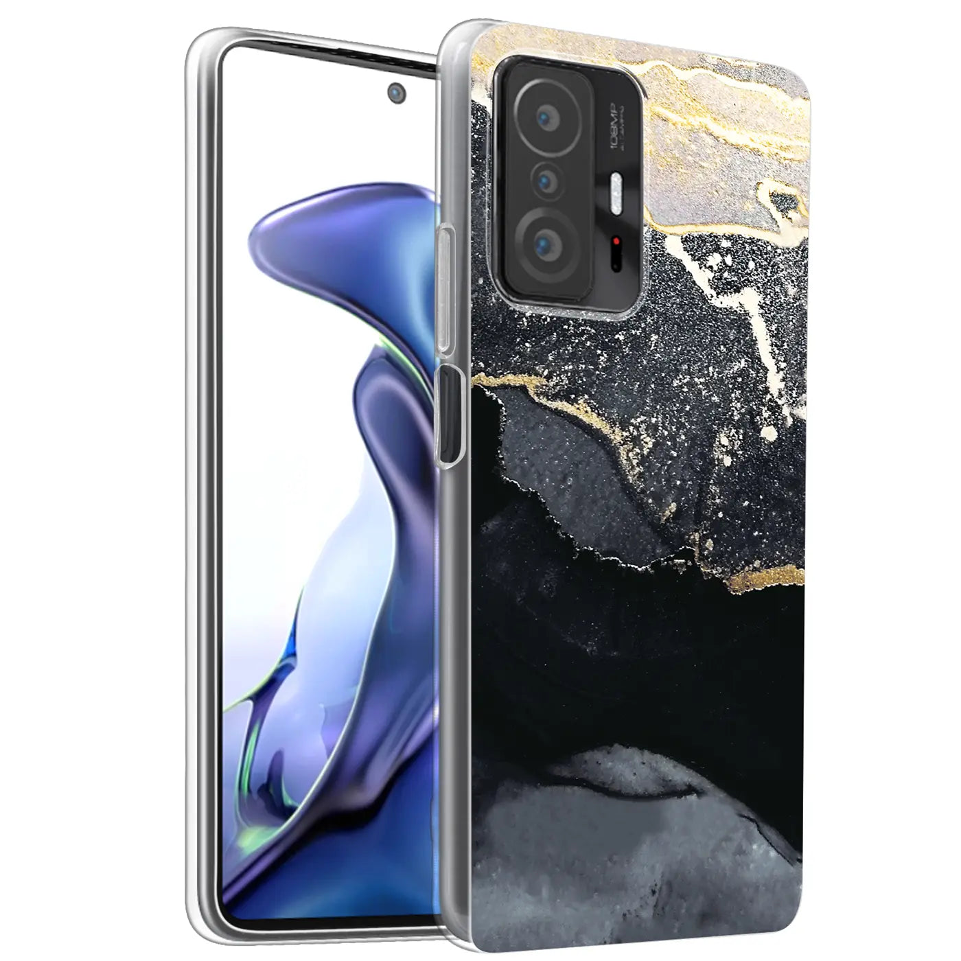 Xiaomi Mi 11T Pro mit Marmor-Hülle, schwarz/gold, von vorne rechts