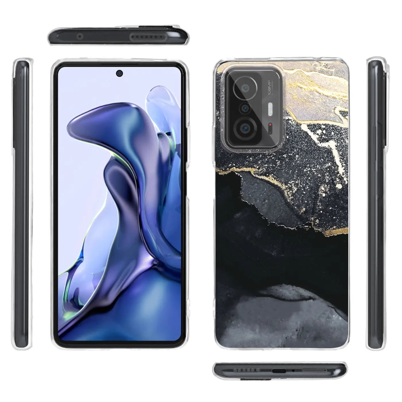 Xiaomi Mi 11T Pro Hülle, Marmor/Sand-Design, Schwarz/Gold, Vorder- und Rückansicht