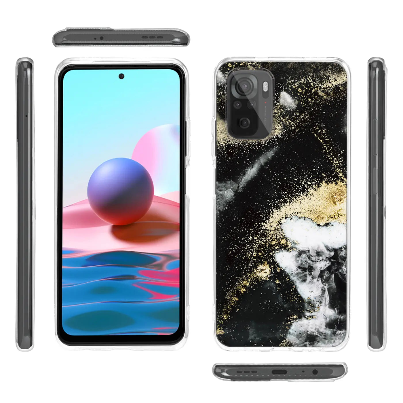 Xiaomi 12 Pro Hülle, Marmor/Sand-Design, schwarz/gold, von vorne und hinten gezeigt