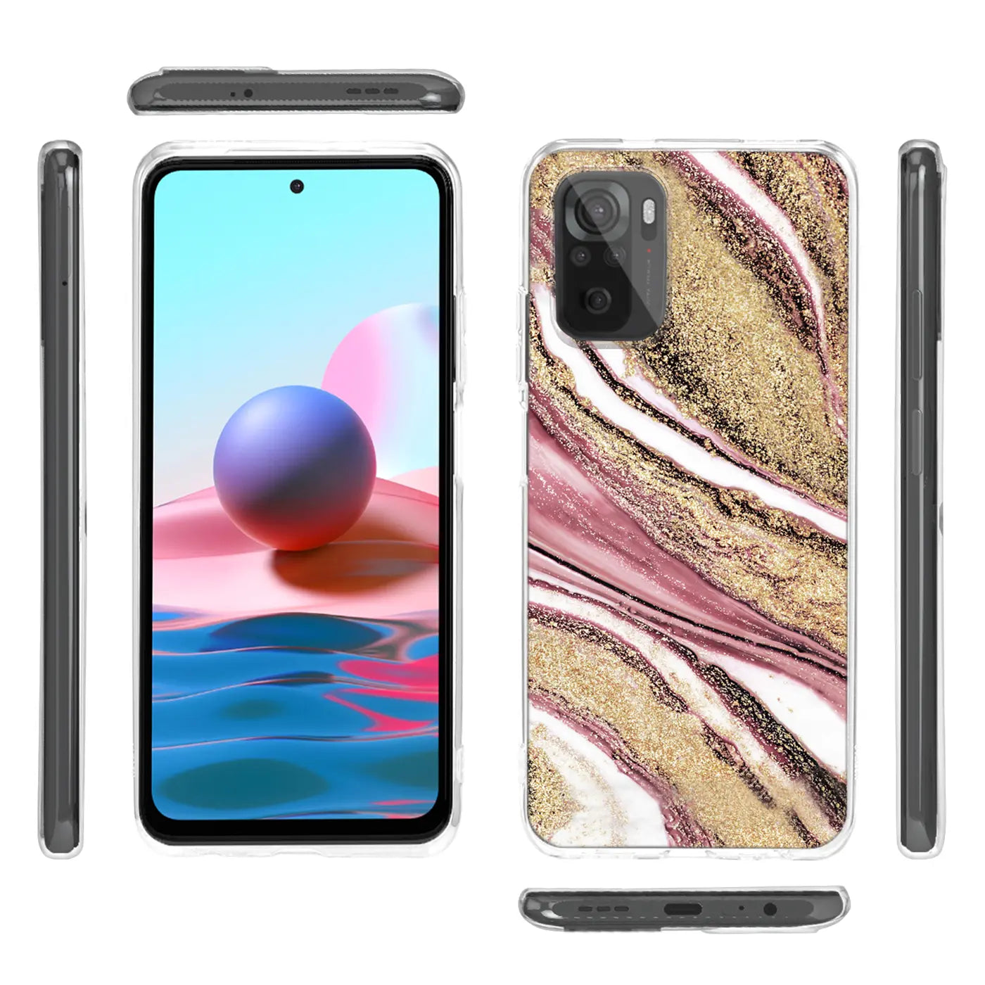 Xiaomi 12 Pro Hülle mit Marmor-Muster in Rosa, Gold, Weiß. Vorder- und Rückansicht.