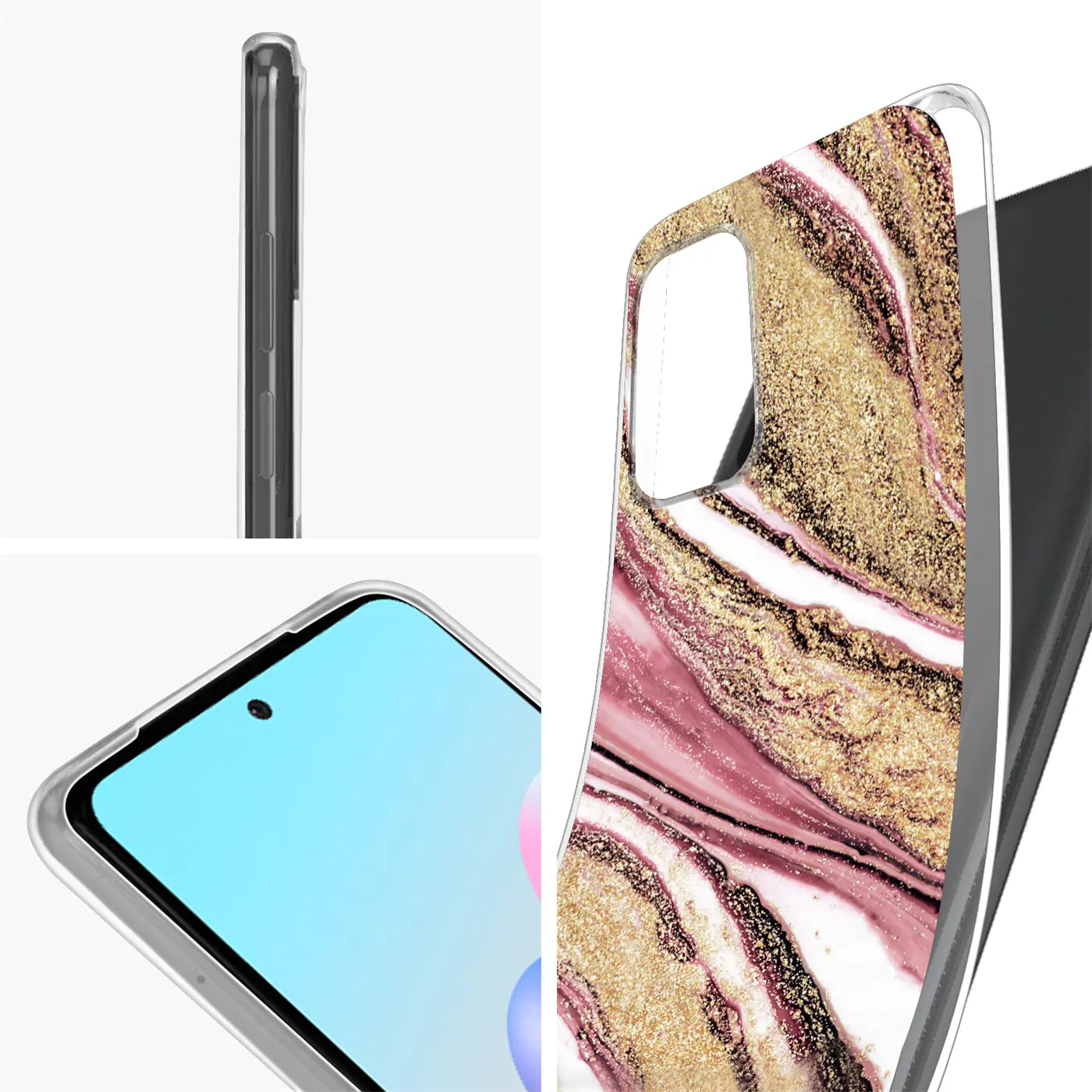 Xiaomi 12 Pro Hülle, Marmor-Muster, Rosa/Gold, von der Seite und von vorne