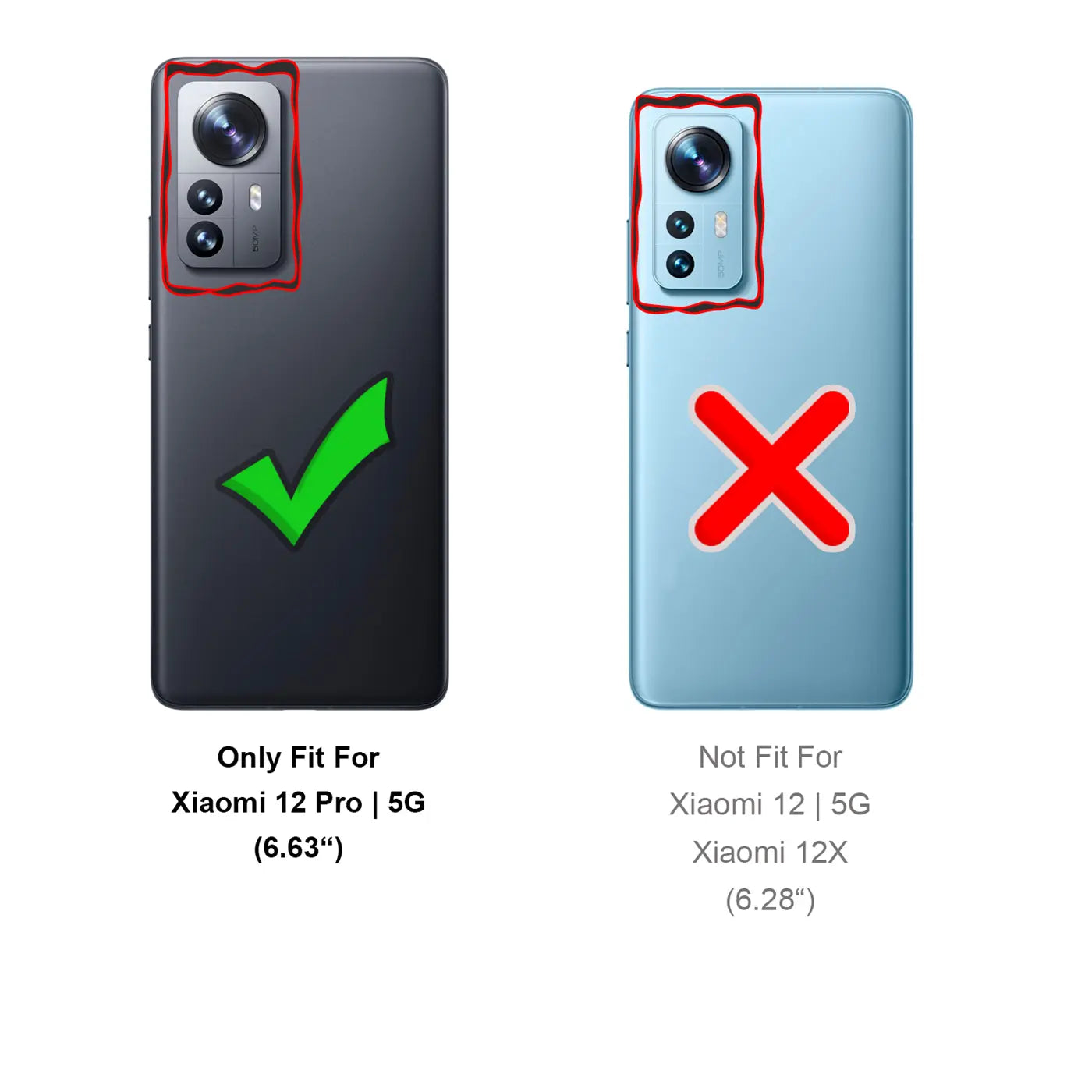 Rückseite Xiaomi 12 Pro (dunkelgrau) mit Haken; Rückseite Xiaomi 12X (hellblau) mit Kreuz.