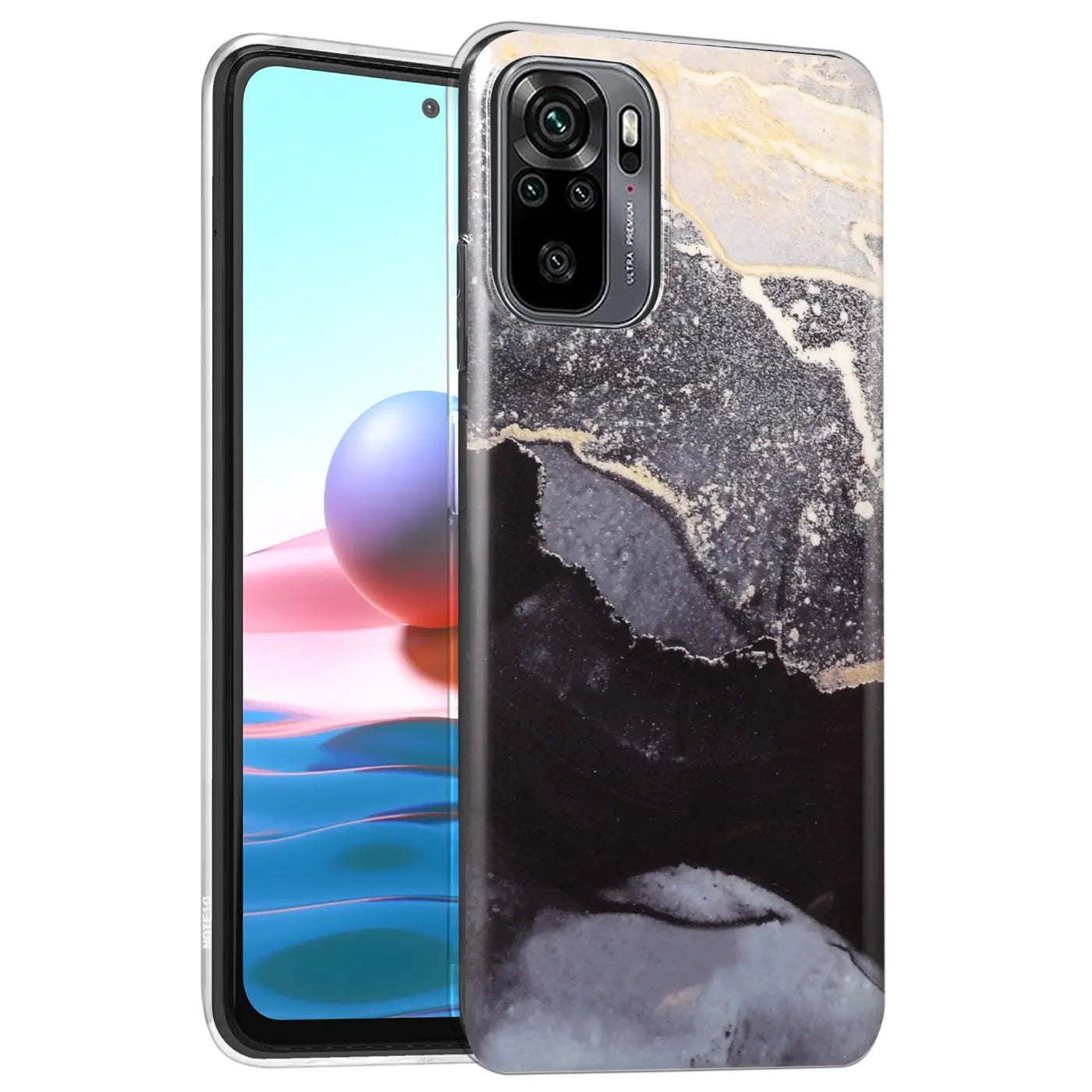 Xiaomi 12 Pro Hülle, Marmor-Design, schwarz/grau/gold, von vorne schräg