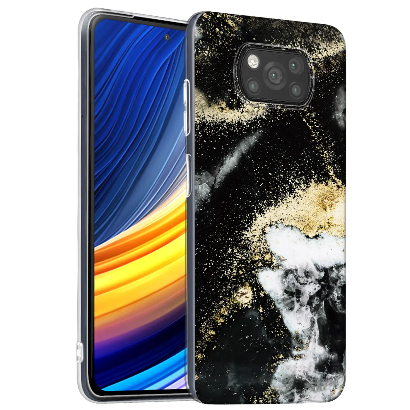 Xiaomi Poco X3 Pro Hülle, schwarz/gold Marmor-Design, von vorne links, Kunststoff