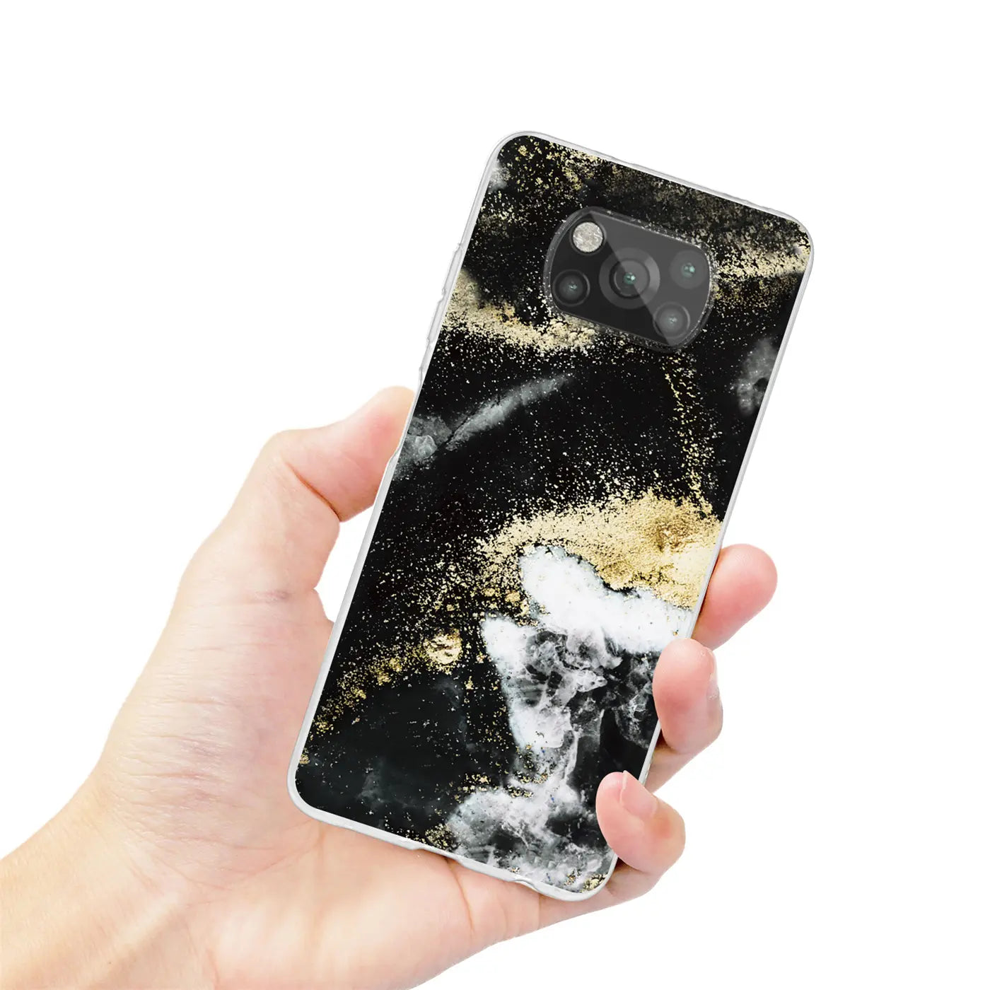 Xiaomi Poco X3 Pro Hülle, Marmor/Sand-Design, Schwarz/Gold, von vorne rechts gehalten