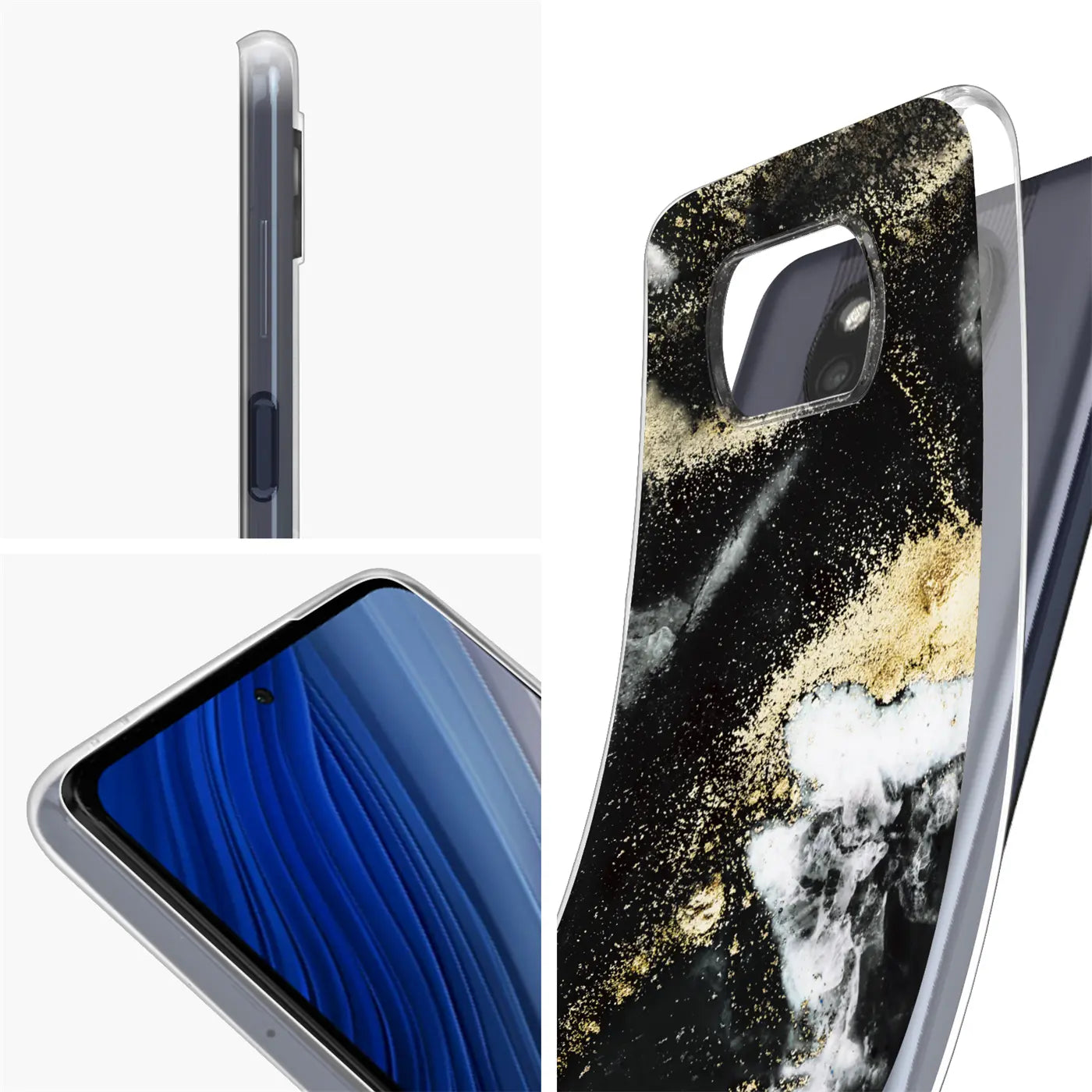 Schwarze Marmor-Hülle mit Goldakzenten, Rückansicht, für Xiaomi Poco X3 Pro.