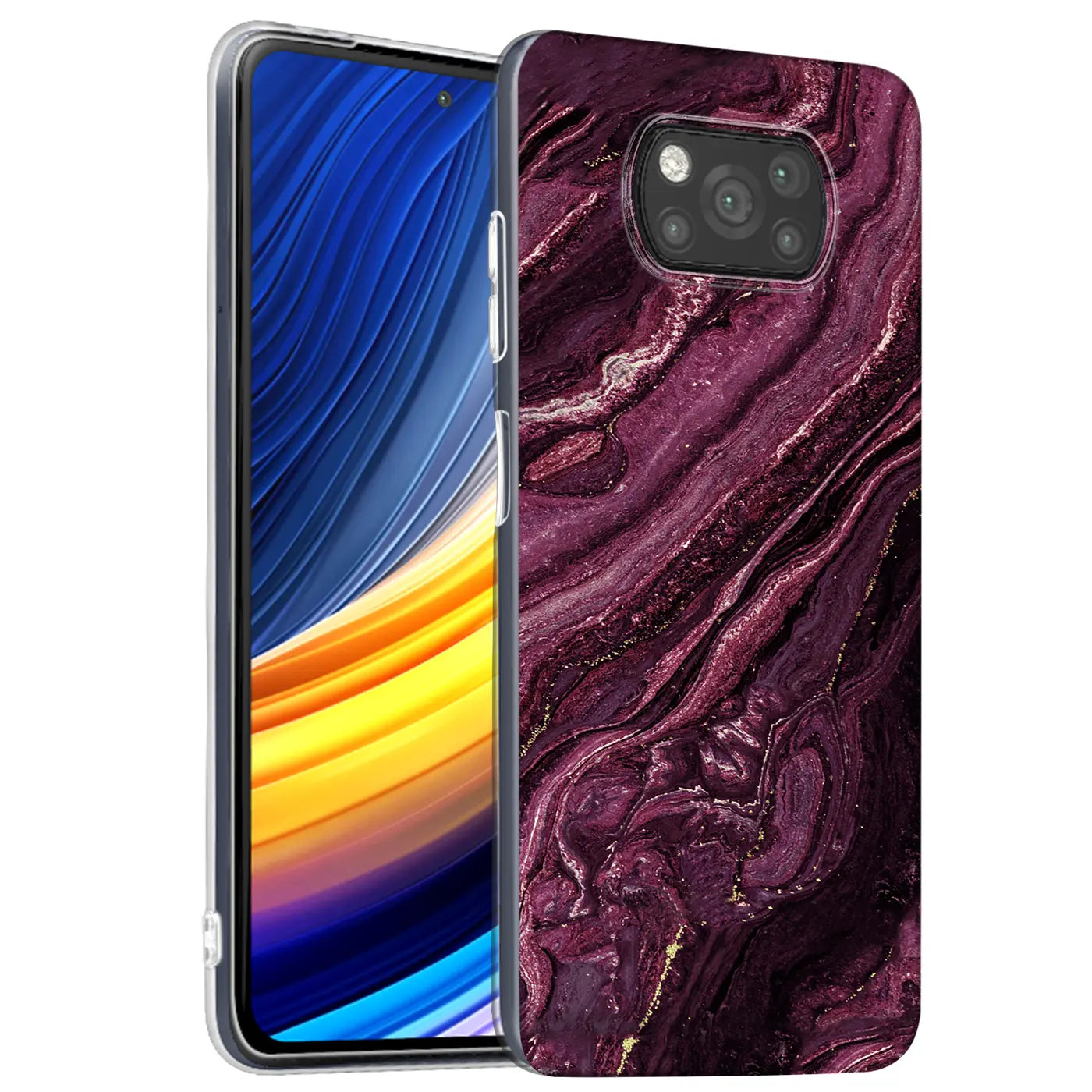 Lila Marmor Hülle auf Xiaomi Poco X3 Pro, Seitenansicht.