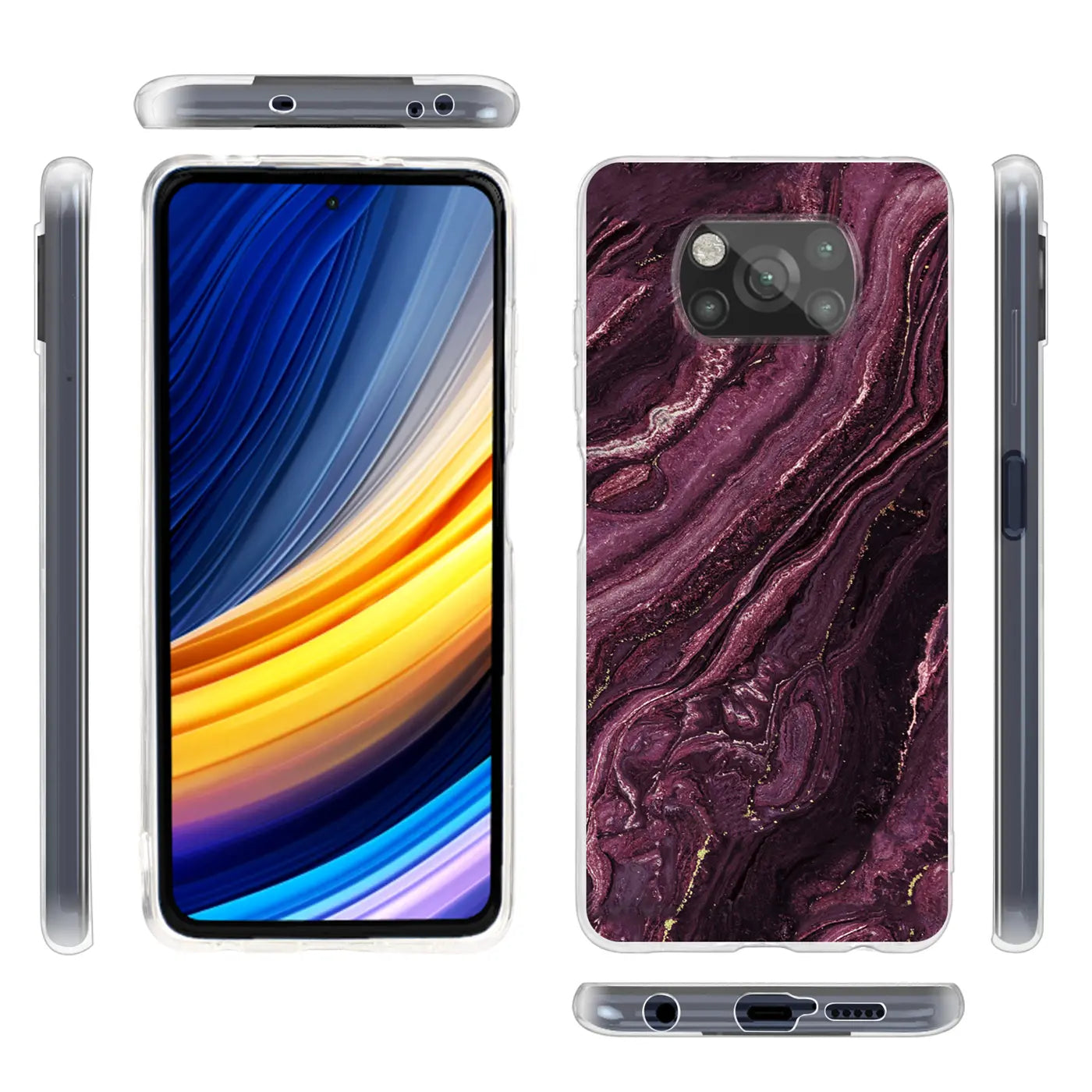 Xiaomi Poco X3 Pro Hülle, Marmor-Design, lila, transparent, Vorder- und Rückansicht