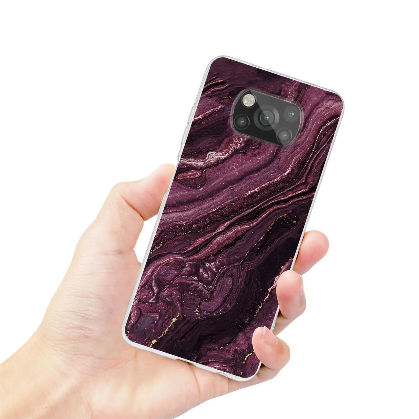 Lila Marmor-Design Hülle auf Xiaomi Poco X3 Pro, von oben gehalten.