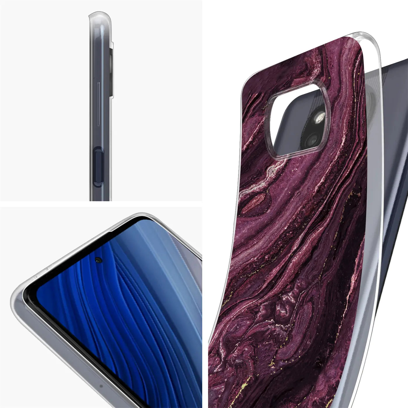 Lila Marmor Hülle für Xiaomi Poco X3 Pro, von der Seite und schräg von oben gezeigt.