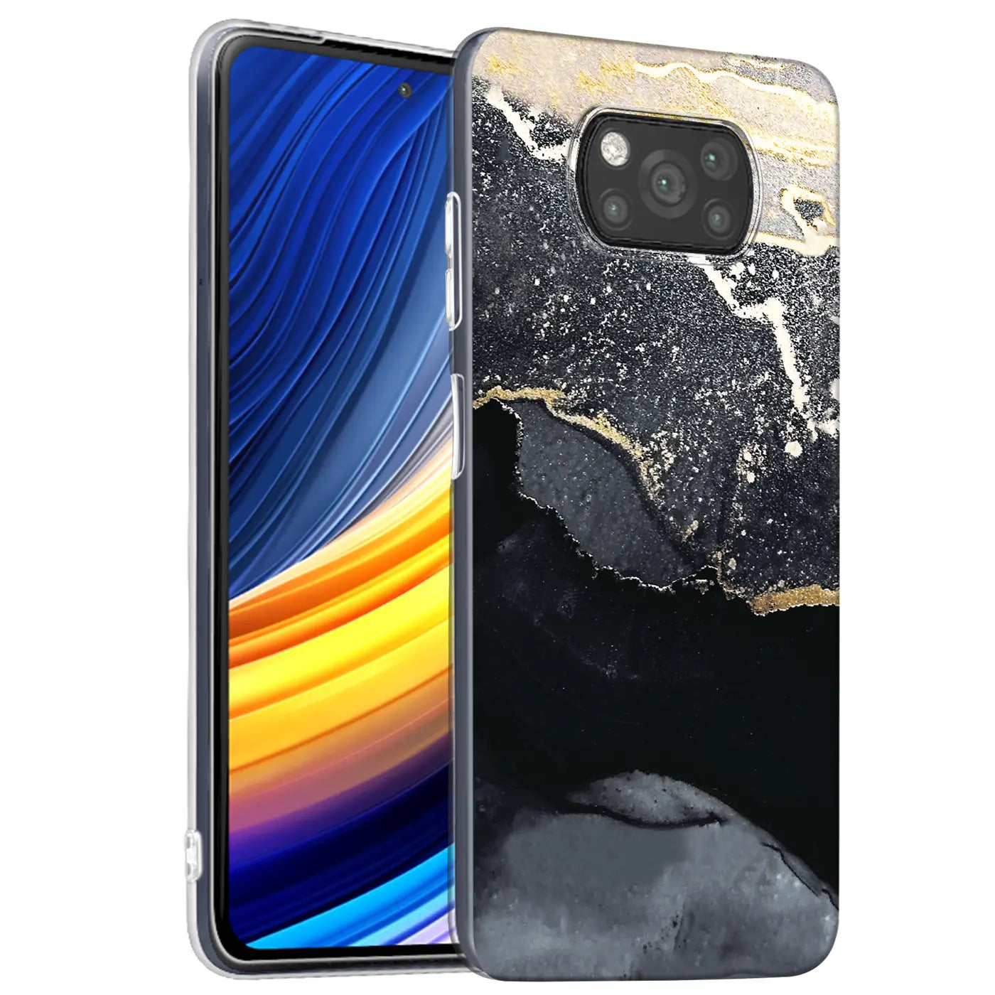 Xiaomi Poco X3 Pro Hülle, Marmor & Sand Design, Schwarz/Gold, Kunststoff, Seitenansicht