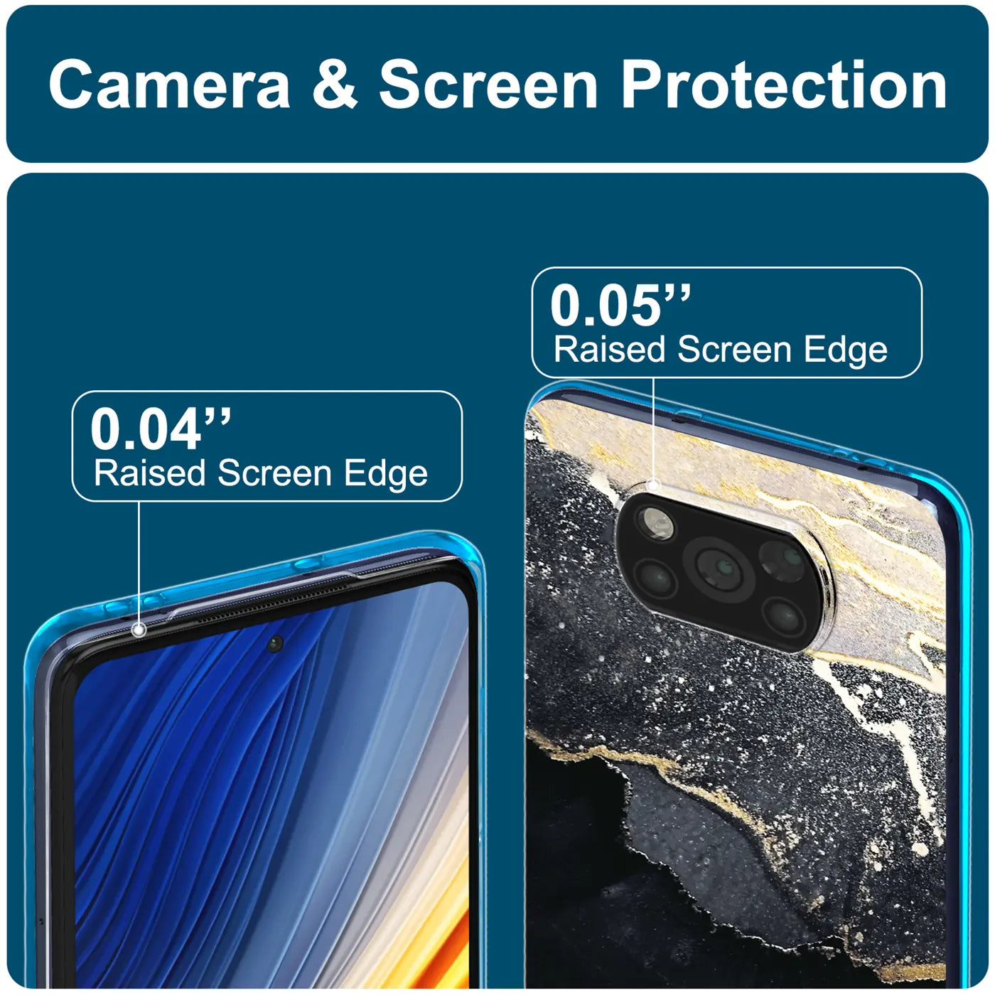Xiaomi Poco X3 Pro Hülle, Marmor-Design, Nahaufnahme der Kamera und des Bildschirms.