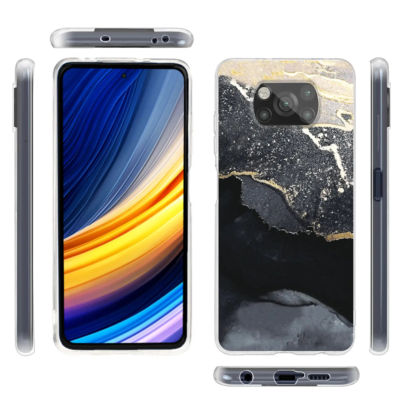 Xiaomi Poco X3 Pro Hülle, Marmor/Sand Design, Schwarz/Gold, Vorder- und Rückansicht.