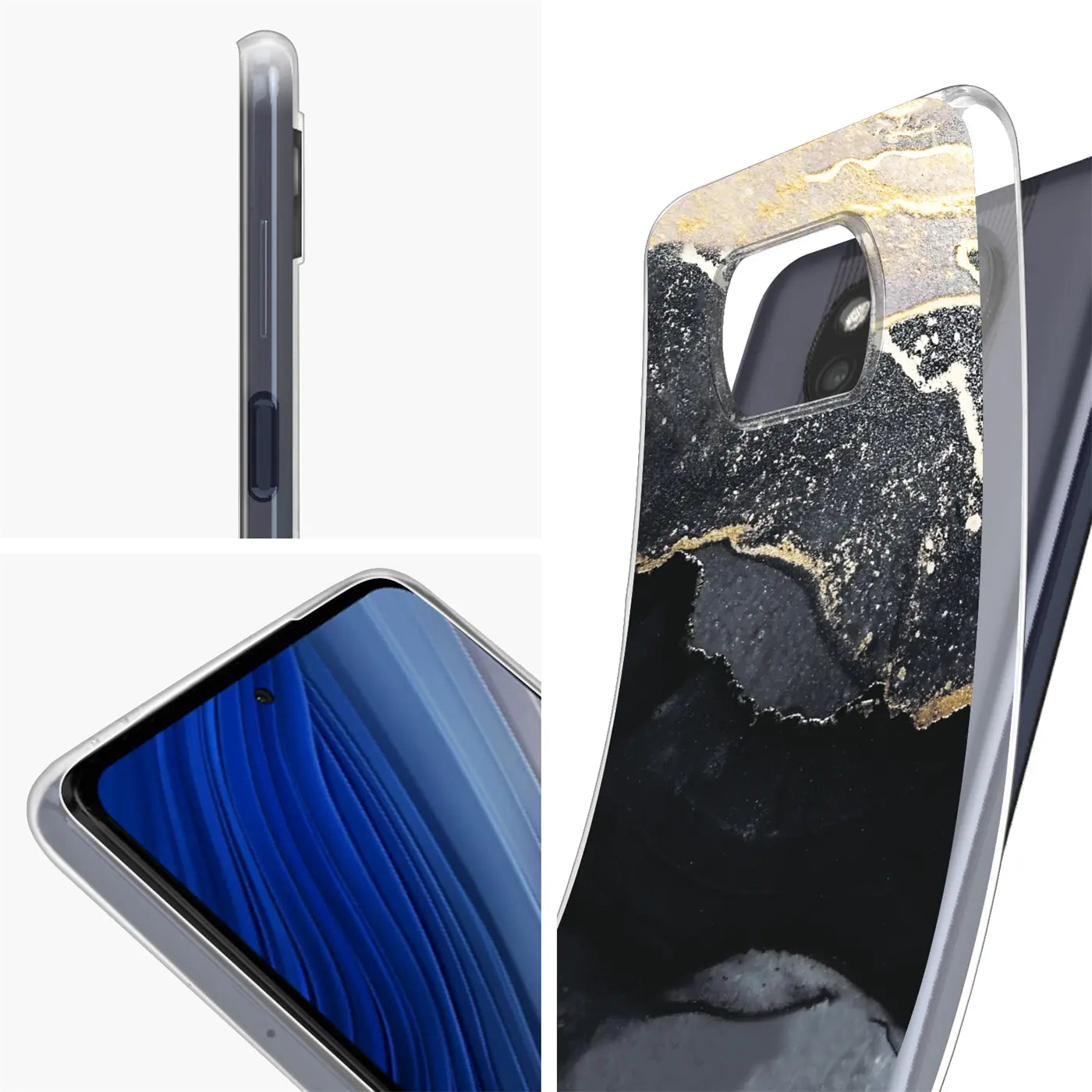 Schwarze Hülle mit Marmor/Sand-Design für Xiaomi Poco X3 Pro, Seiten- und Frontansicht.