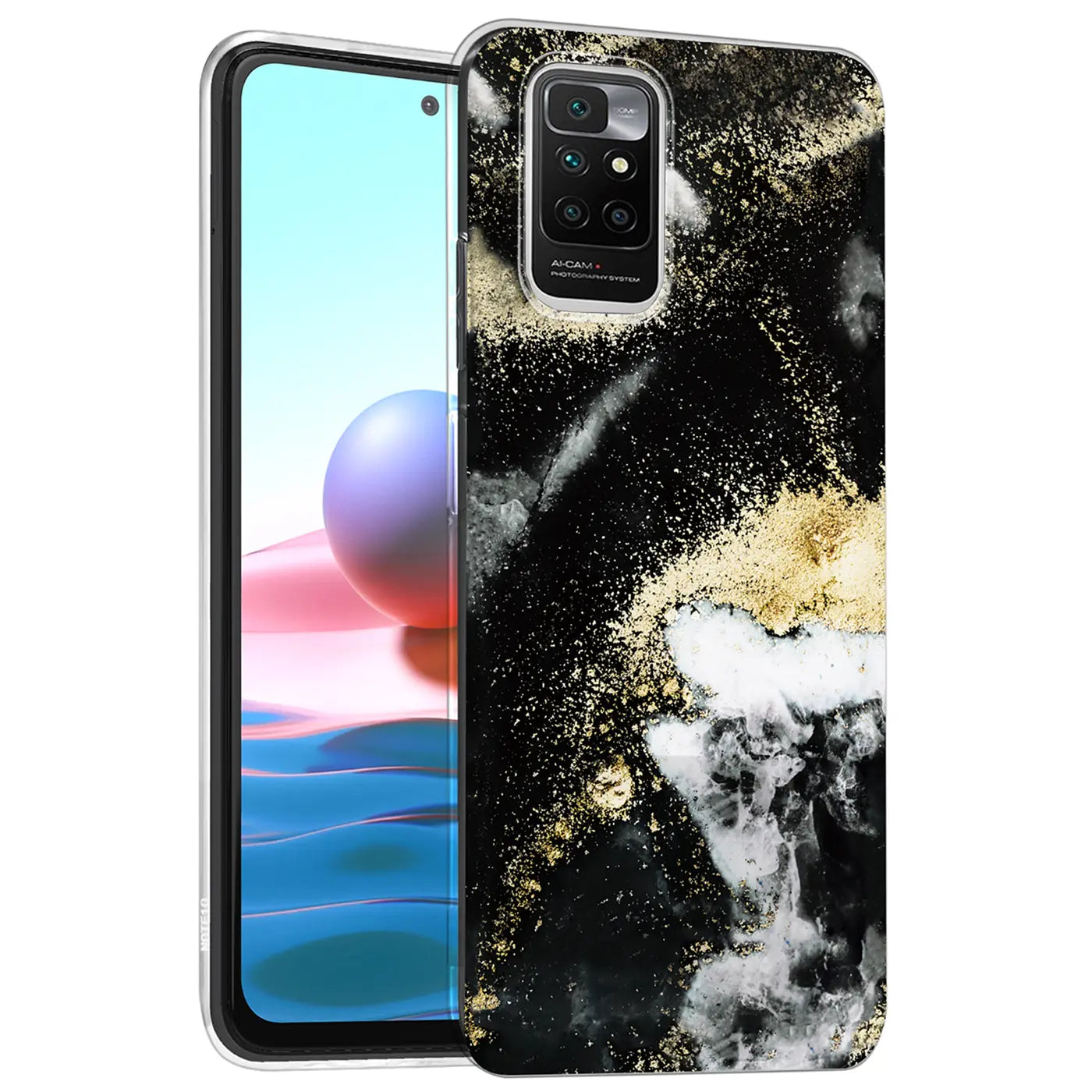 Schwarze Marmor-Hülle mit Gold-Akzenten für Xiaomi Redmi 10, von vorne.